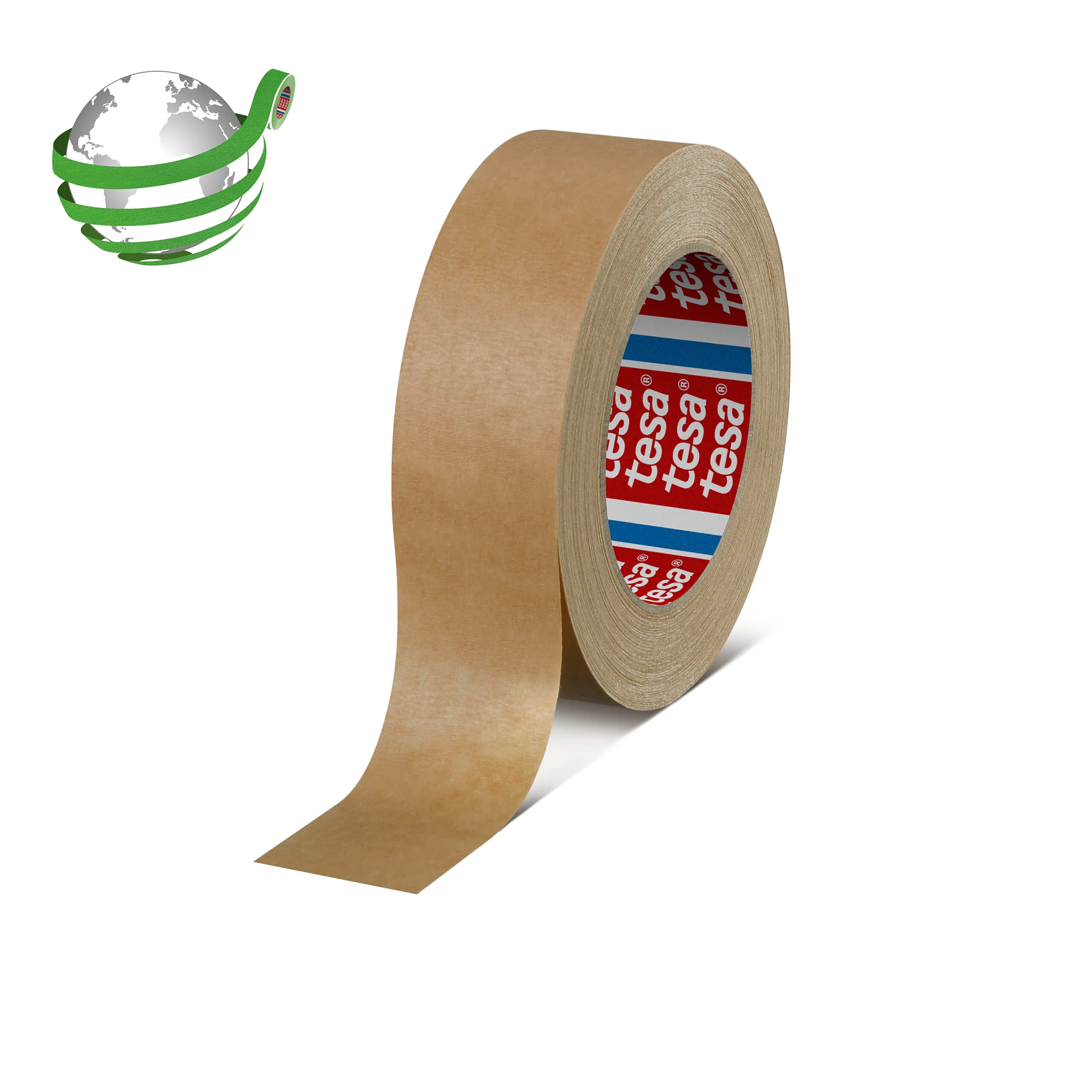 roll of brown tesa adhesive tape with partially unrolled strip on white background (This text has been generated by AI)