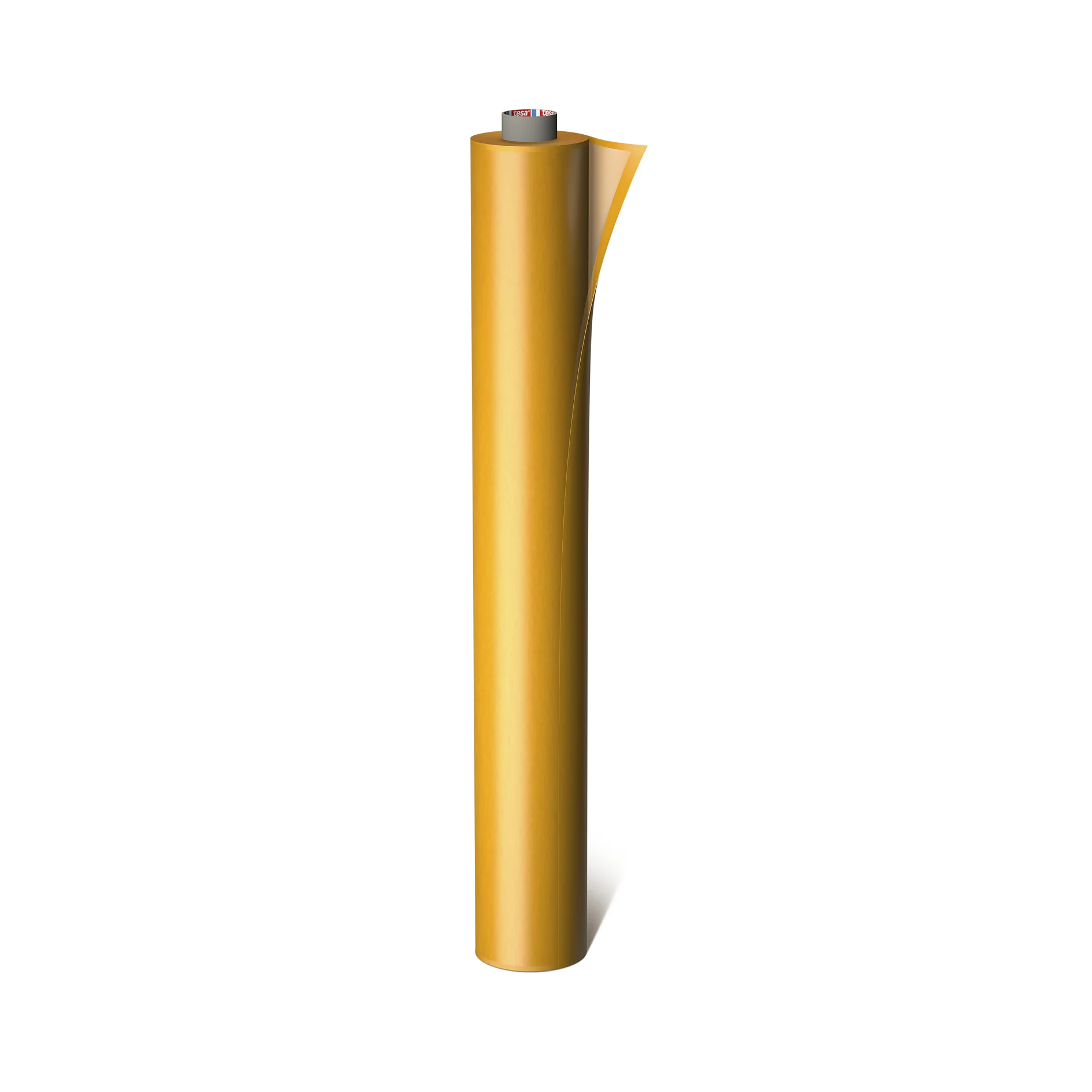 yellow adhesive tape roll standing upright on white background with a partially peeled edge tesa (This text has been generated by AI)