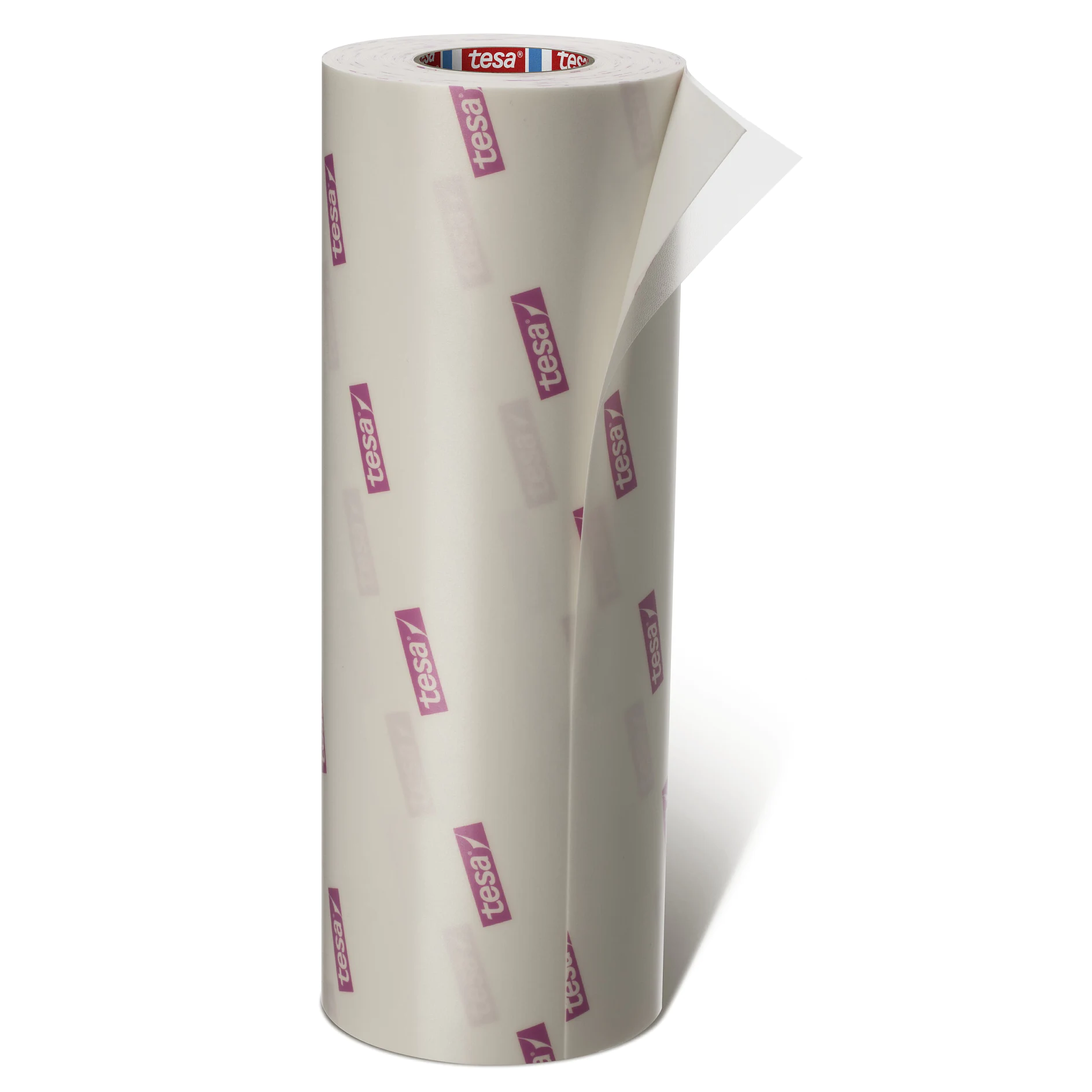 clear adhesive tesa tape roll with red logo on white backing, standing upright on white background (This text has been generated by AI)