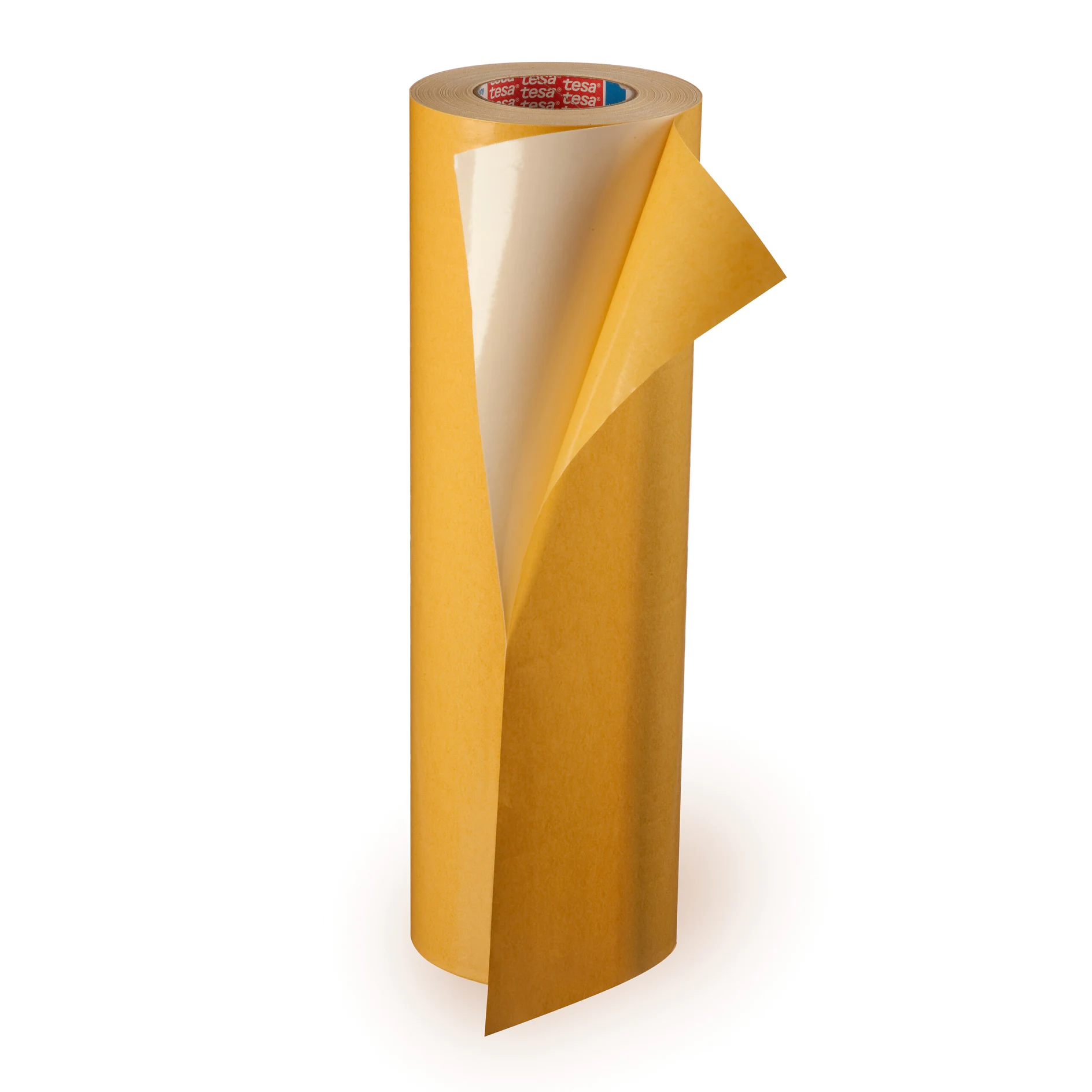 roll of tesa double-sided adhesive tape with one side partially peeled, isolated on white background (This text has been generated by AI)