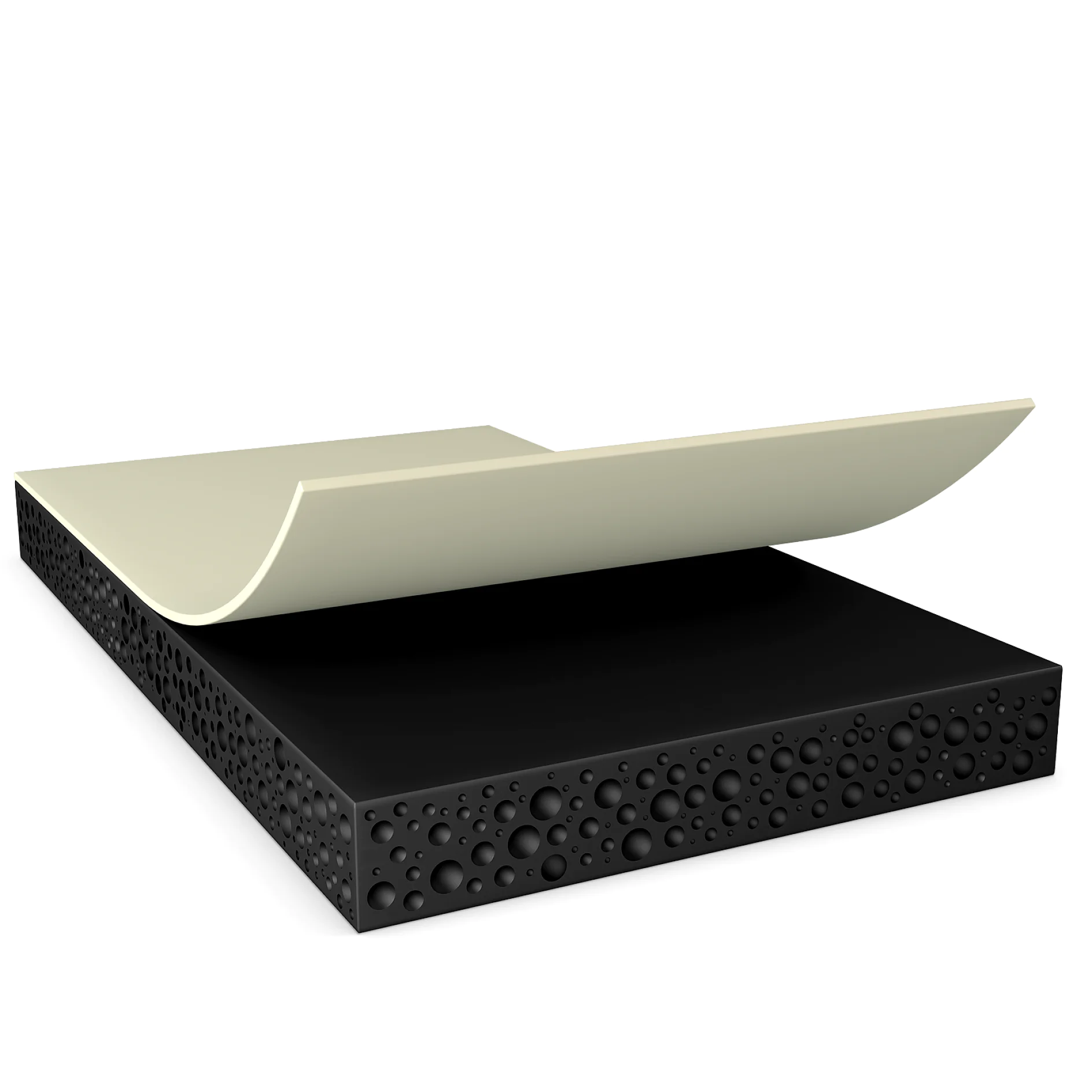 tesa adhesive tape partially peeled off black textured foam pad on white background (This text has been generated by AI)