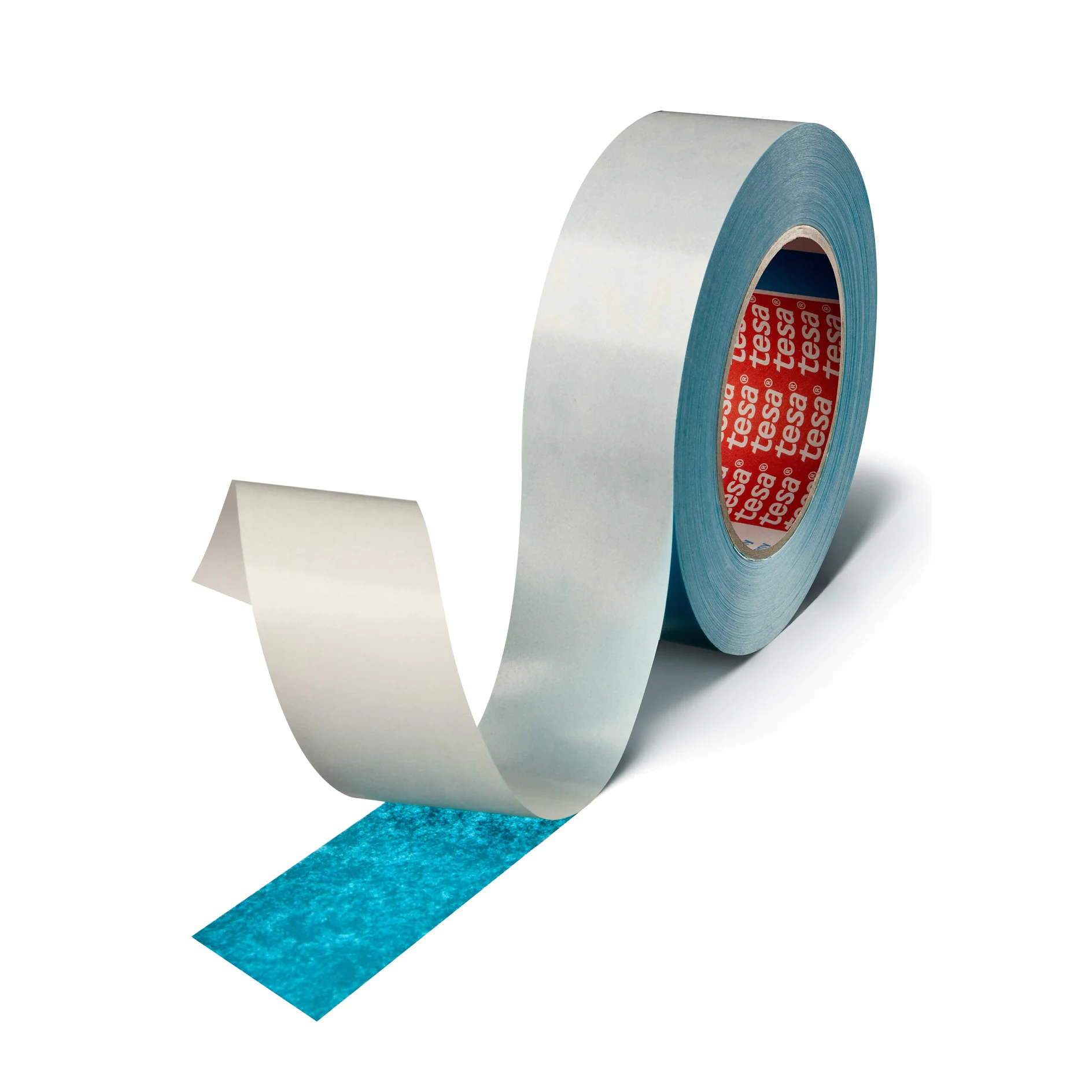 tesa branded roll of blue adhesive tape partially unrolled on a white background (This text has been generated by AI)