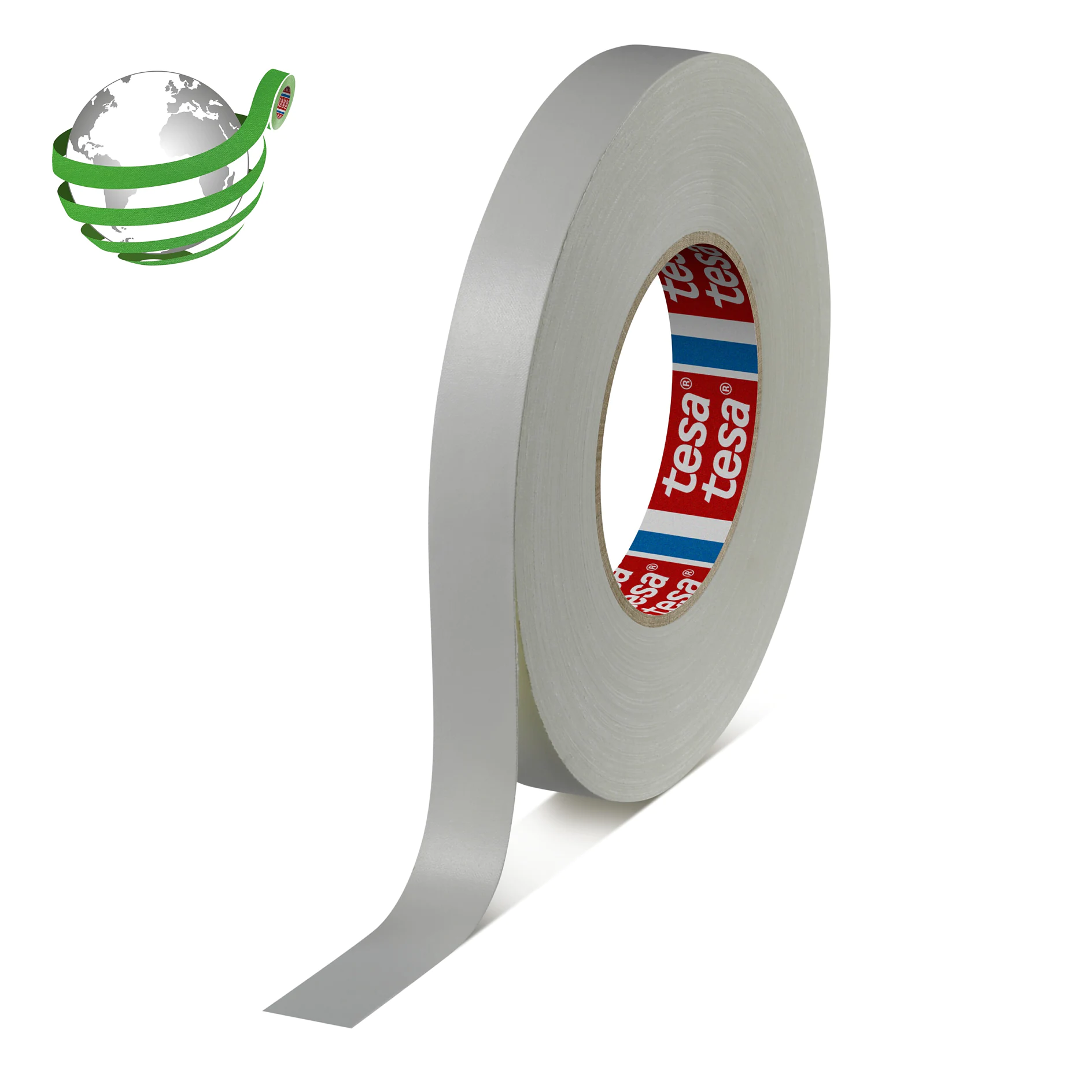 roll of silver tesa double-sided adhesive tape standing upright on white background (This text has been generated by AI)