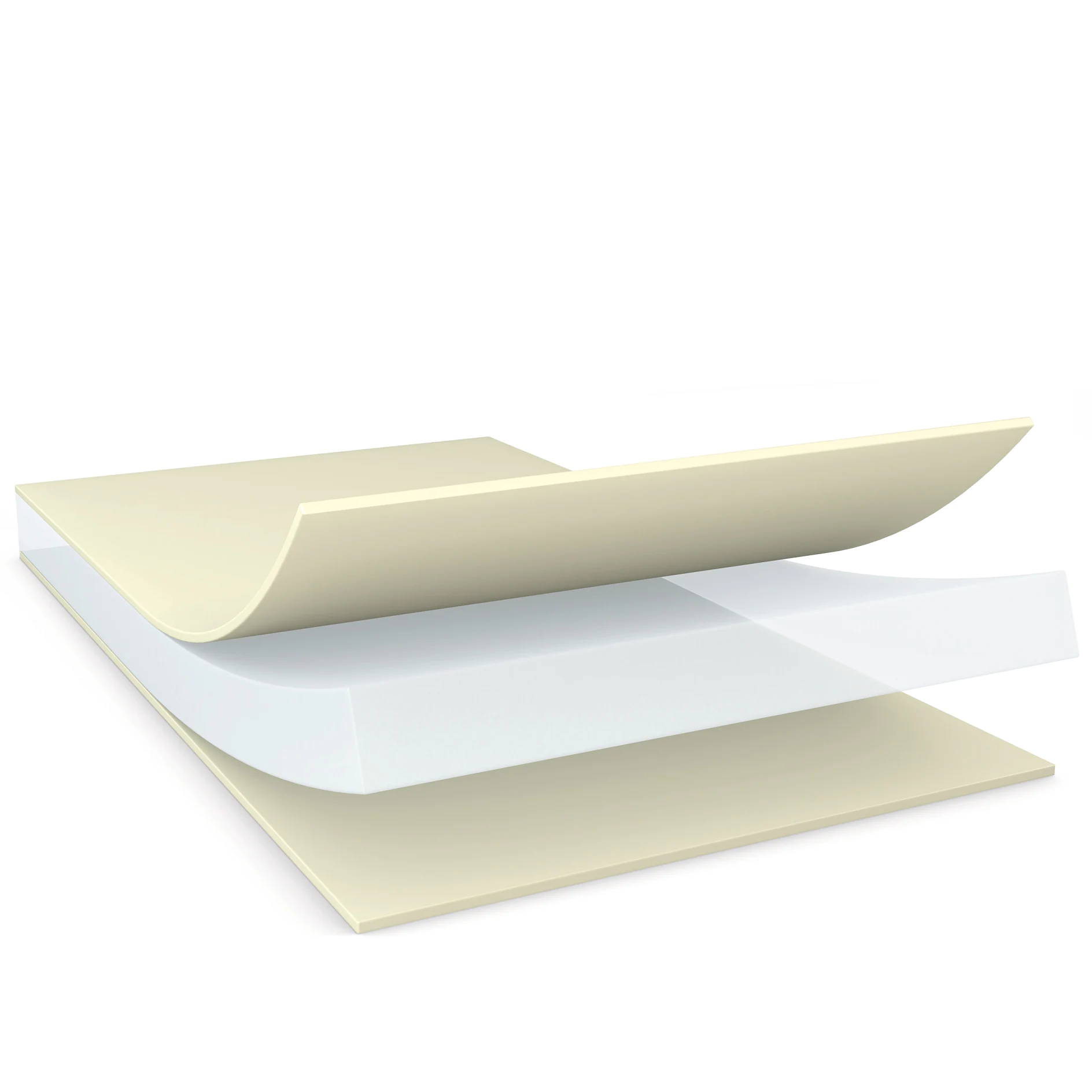 stack of three adhesive sheets with one corner peeled back, isolated on white background, showing layers and sticky surface tesa (This text has been generated by AI)