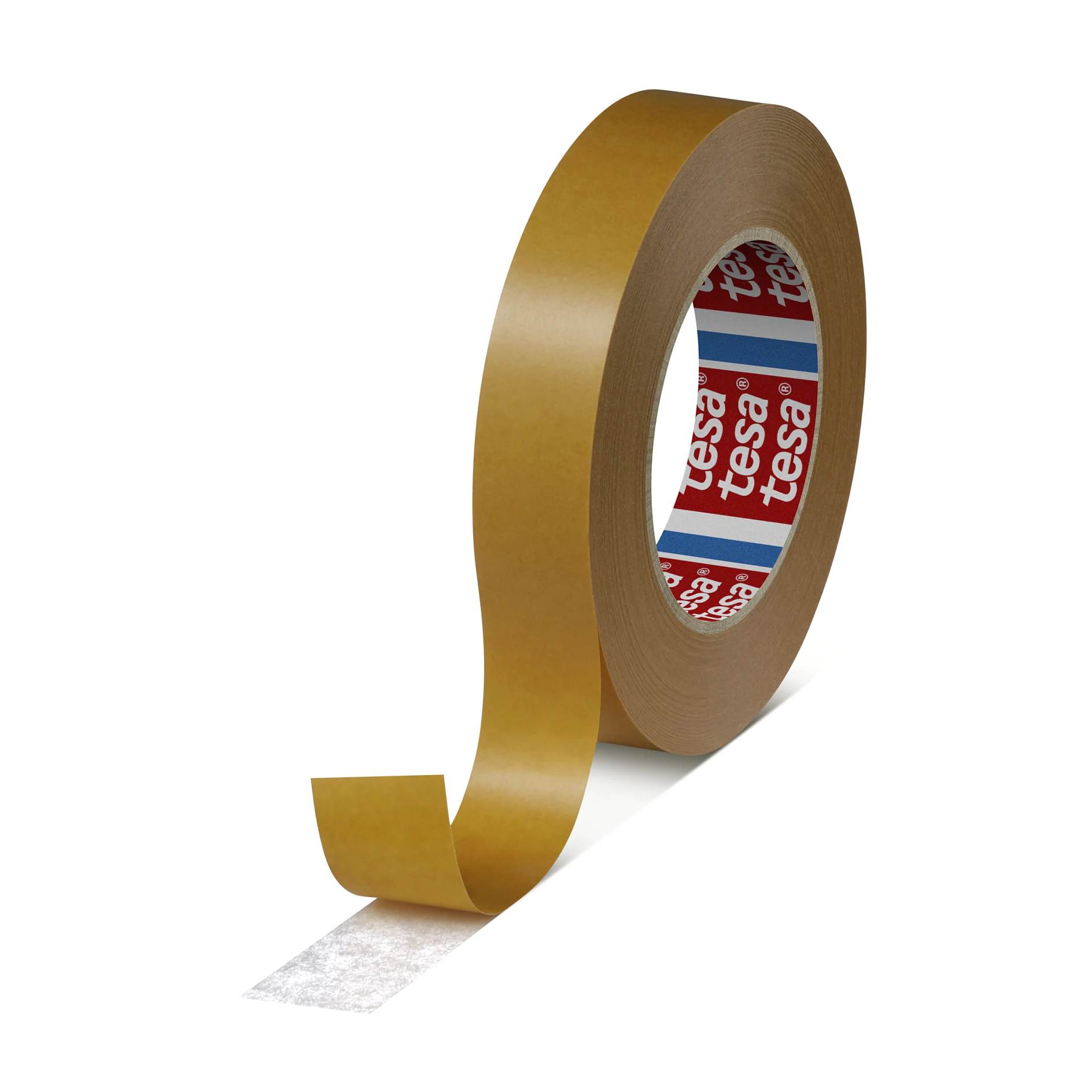 roll of brown tesa adhesive tape partially unrolled on white background (This text has been generated by AI)