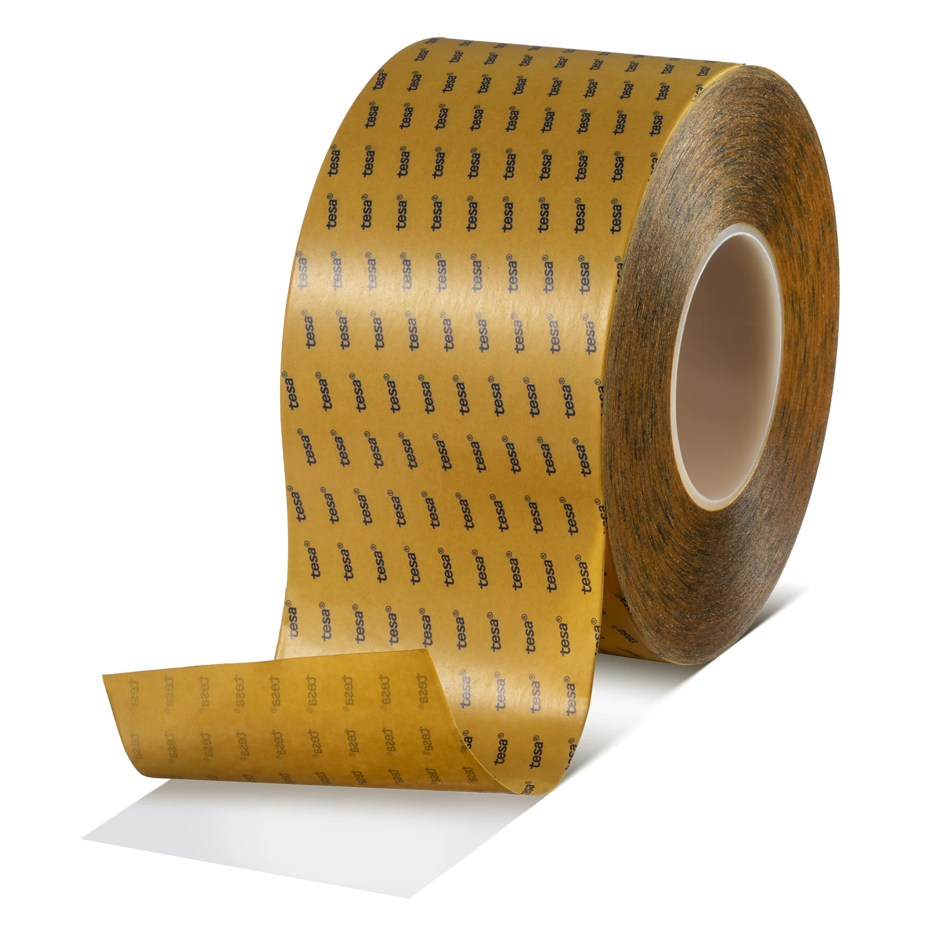 roll of tesa branded brown adhesive tape with black text on a white background, partially unrolled to show sticky side (This text has been generated by AI)