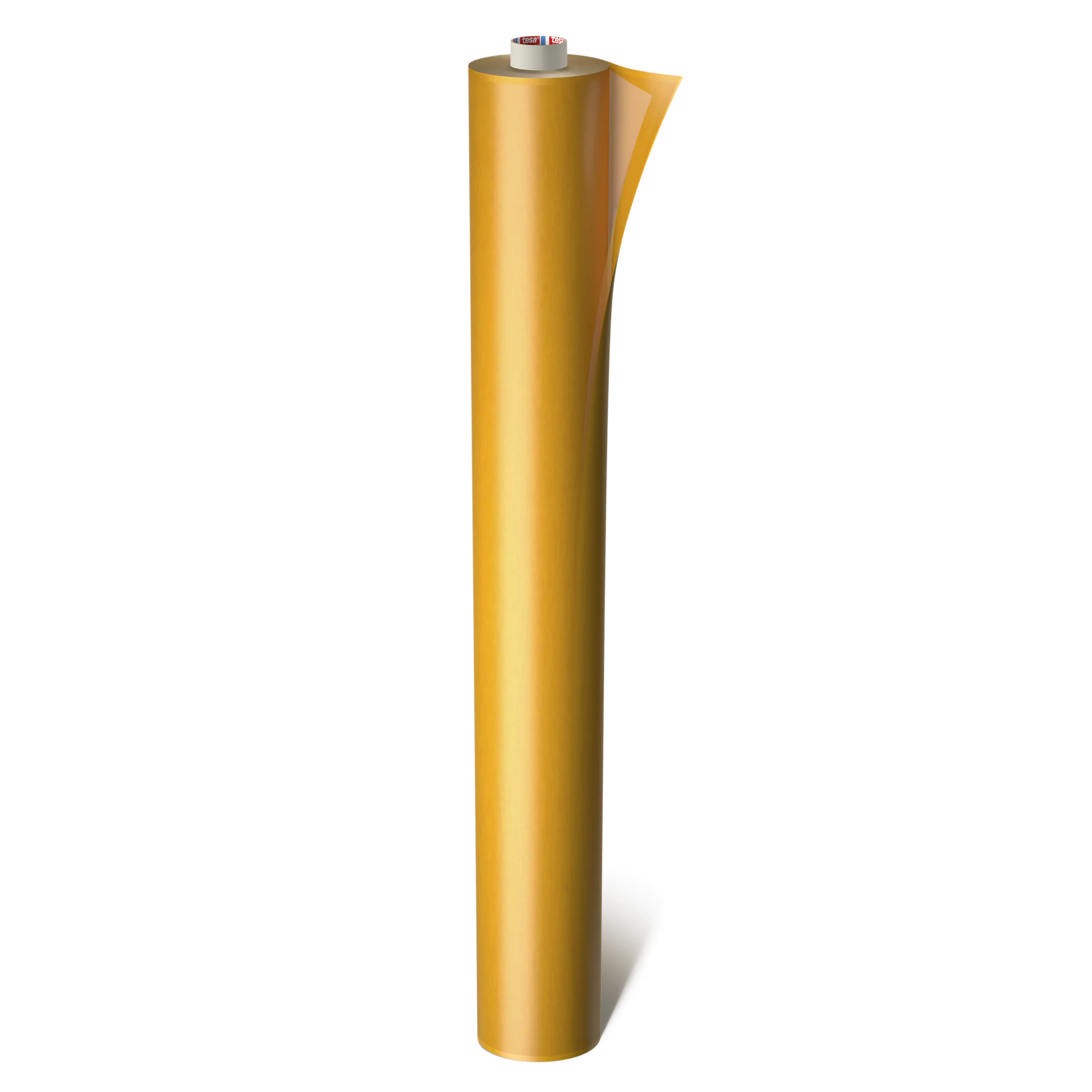 roll of tesa adhesive film with partially peeled edge standing upright on white background (This text has been generated by AI)