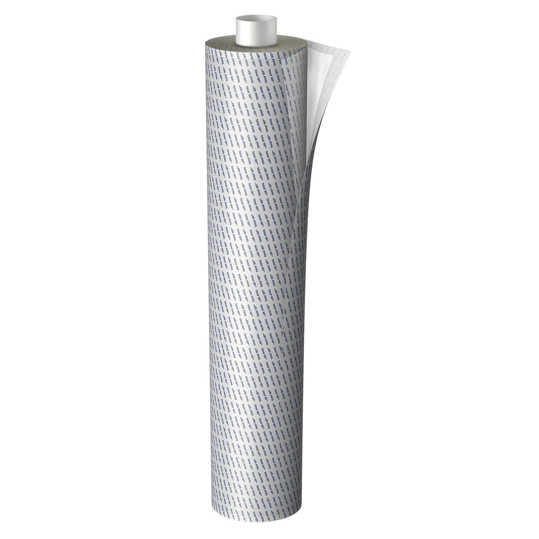 roll of white adhesive tesa tape with blue grid pattern, partially unrolled, isolated on white background (This text has been generated by AI)