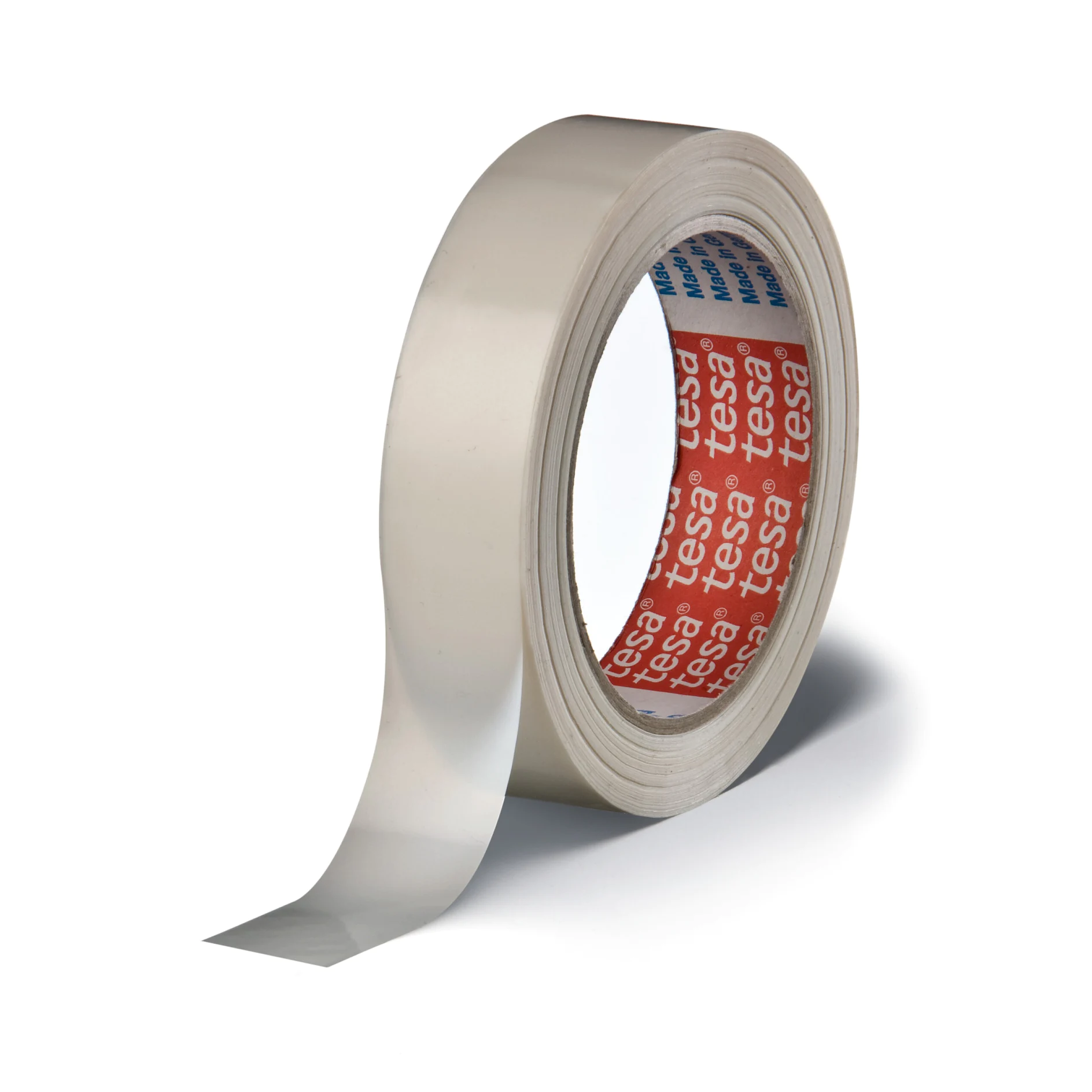 roll of transparent adhesive tape with tesa branding on the inner core, isolated on a white background (This text has been generated by AI)