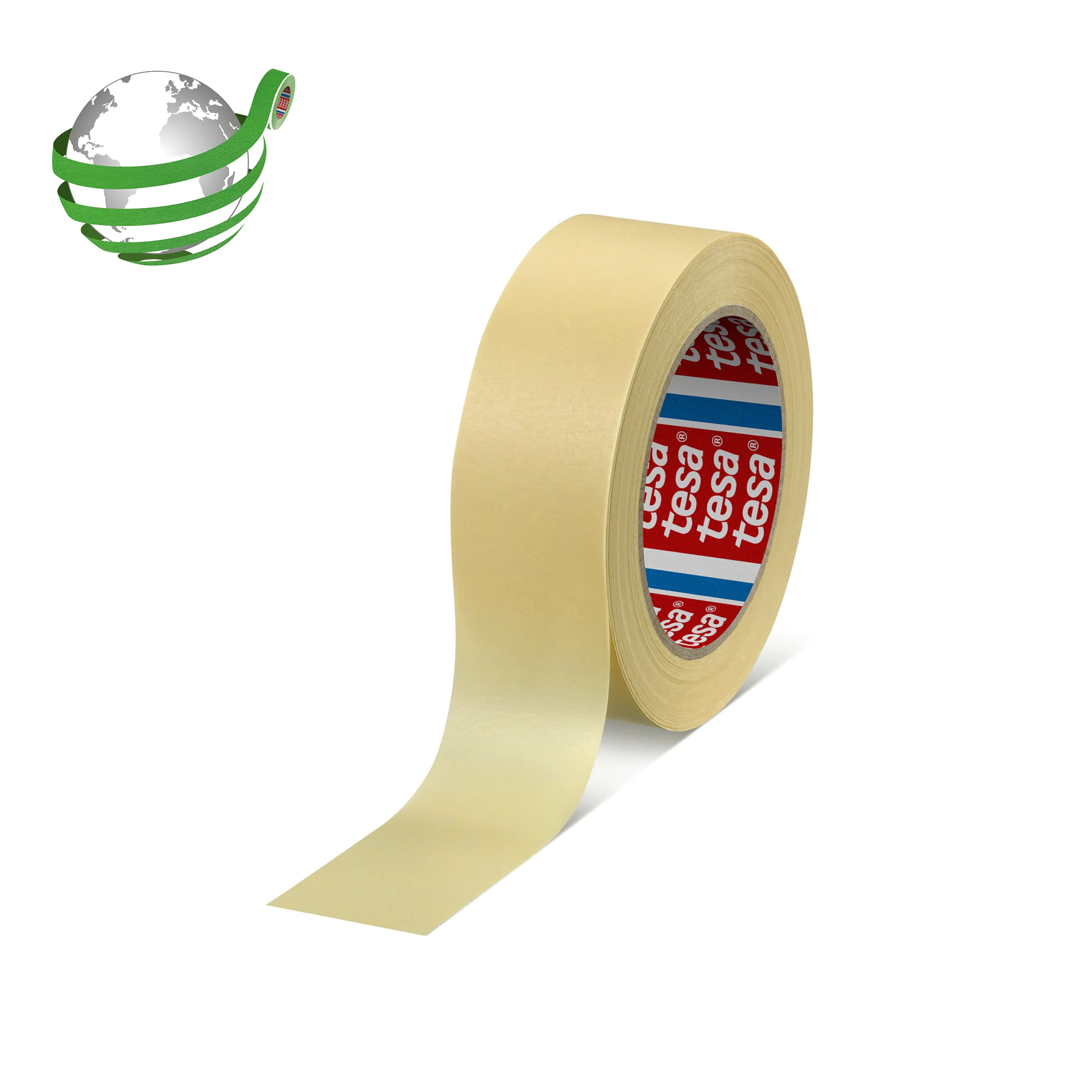 roll of beige tesa adhesive tape with partially unrolled strip on white background, isolated product image (This text has been generated by AI)