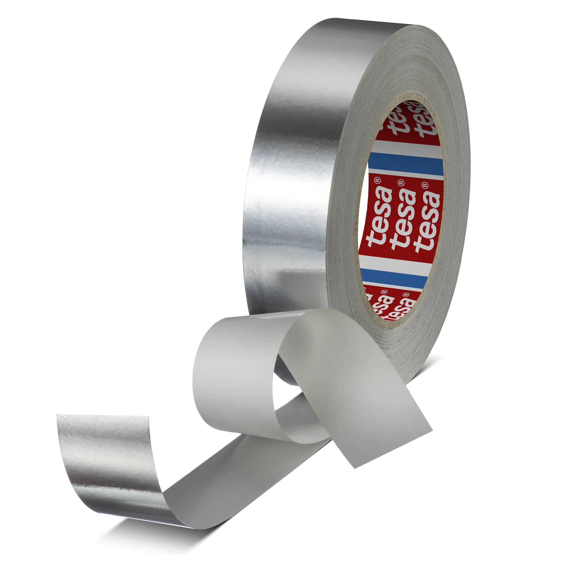 roll of silver tesa adhesive tape with a partially unrolled strip on a white background (This text has been generated by AI)