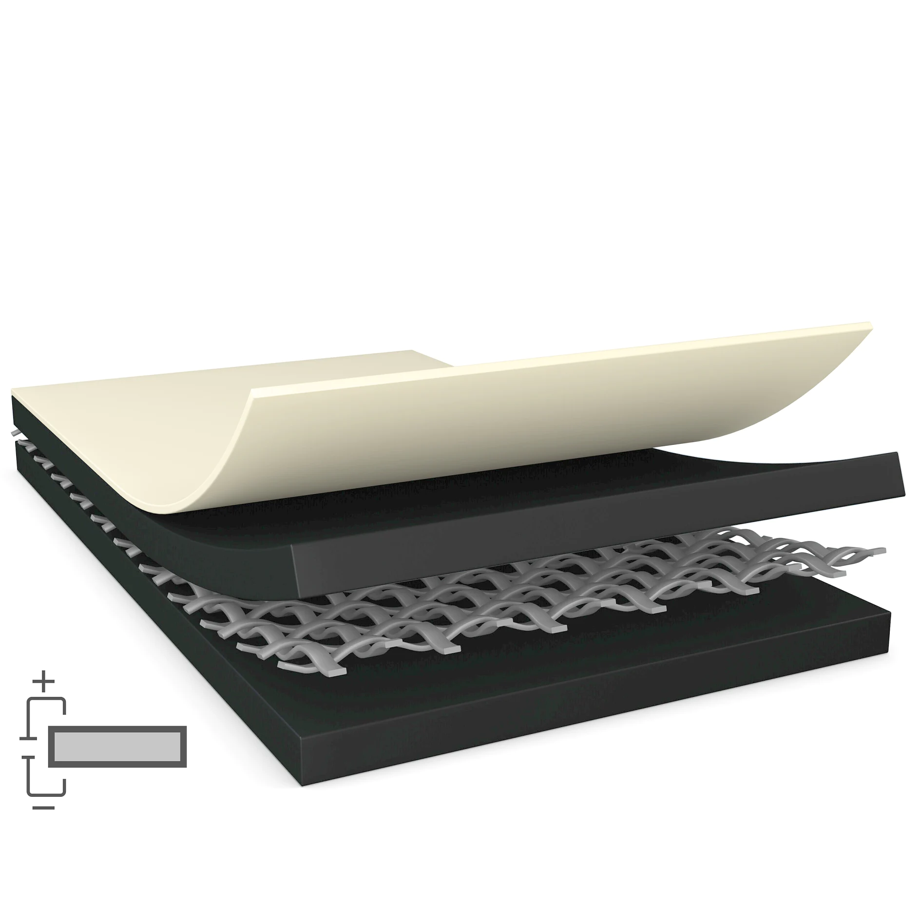 tesa branded layered adhesive tape with white top layer, black foam layers, and woven mesh core shown in cross-section on white background (This text has been generated by AI)