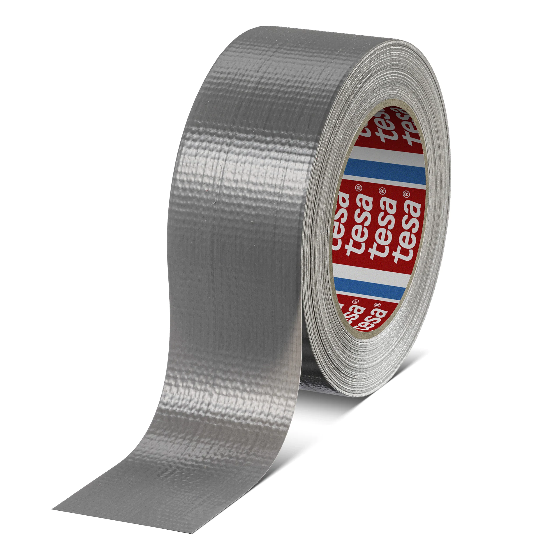 roll of silver tesa duct tape with partially unrolled strip on white background, showing brand logo inside the core (This text has been generated by AI)