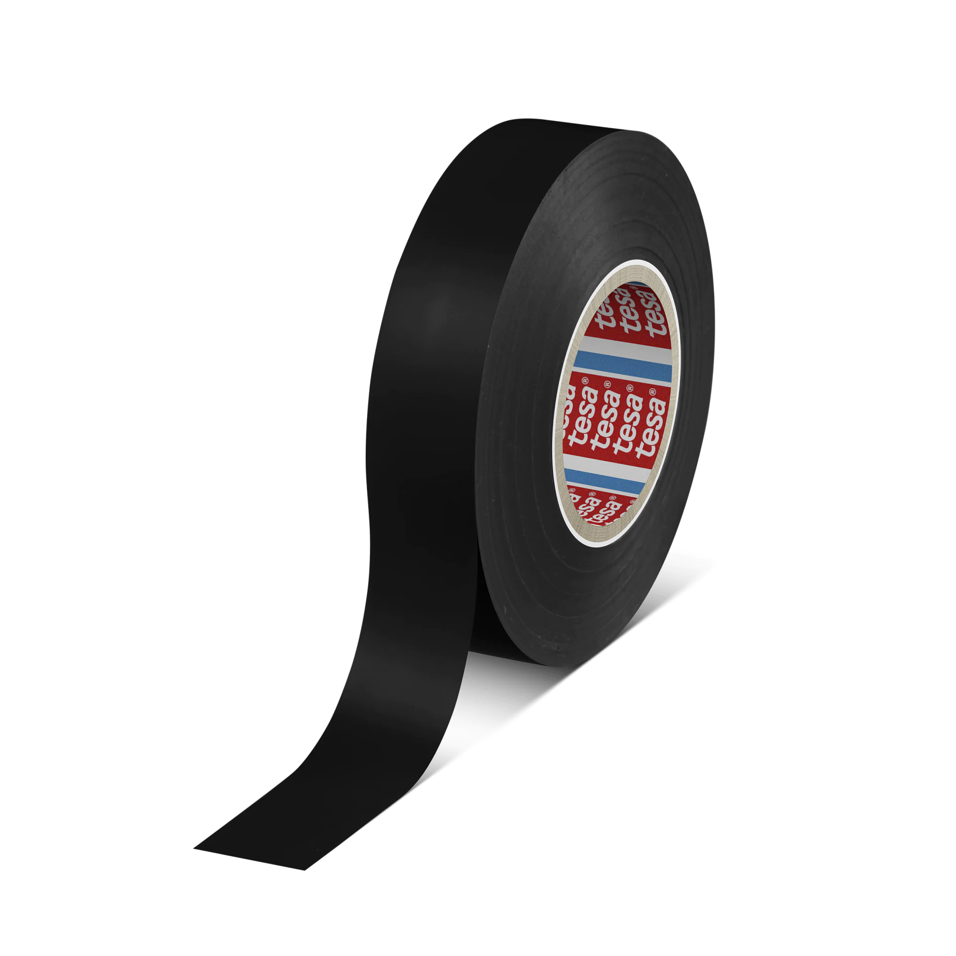 Black tesa adhesive tape roll with a partially unrolled strip on a white background. (This text has been generated by AI)