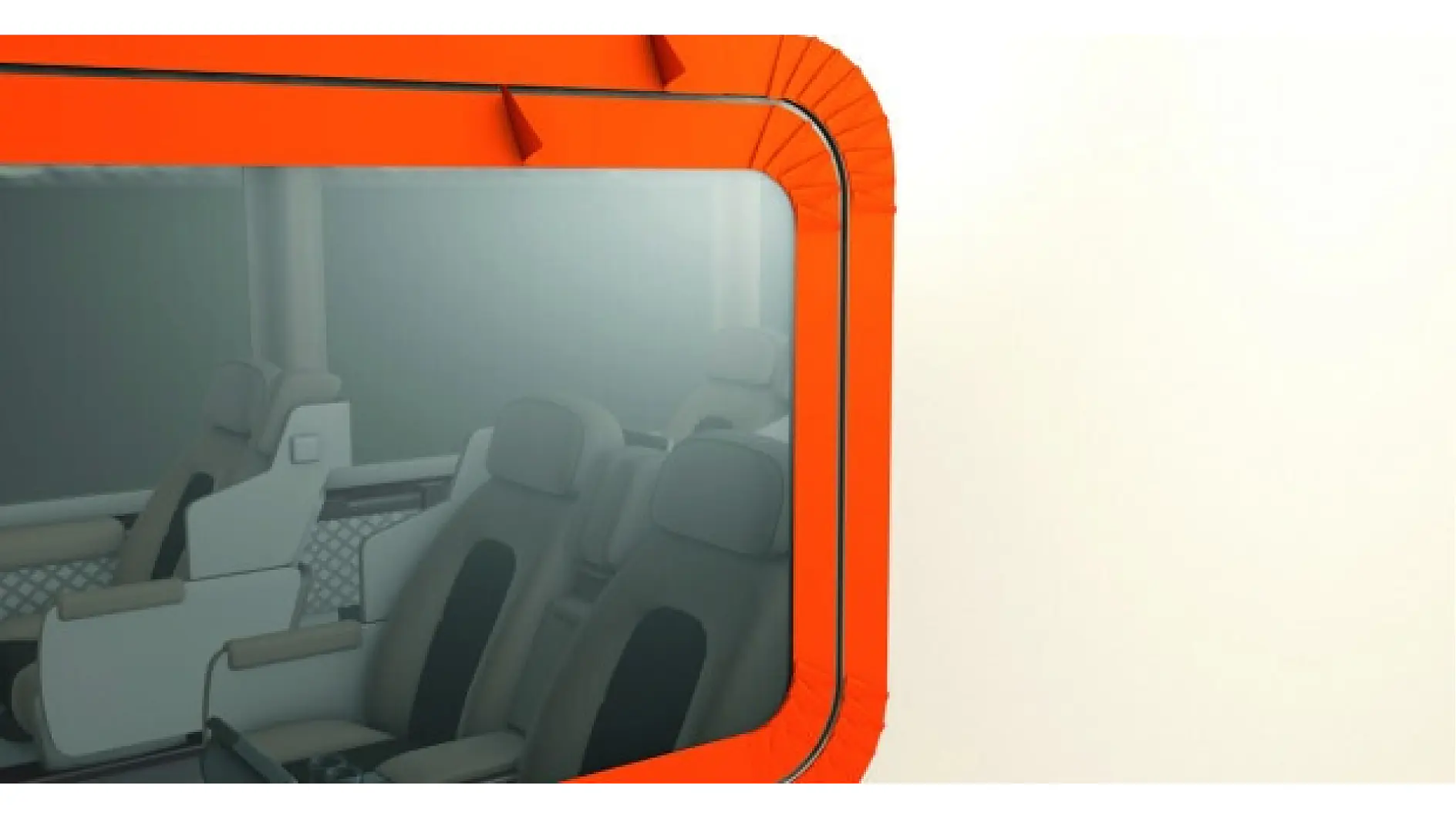 A rectangular red-bordered mirror with a stylized design is mounted on a gray wall using tesa tape. The mirror reflects a light blue hue, suggesting a source of light in its vicinity. The wall has two horizontal ledges beneath the mirror. (This text has been generated by AI)