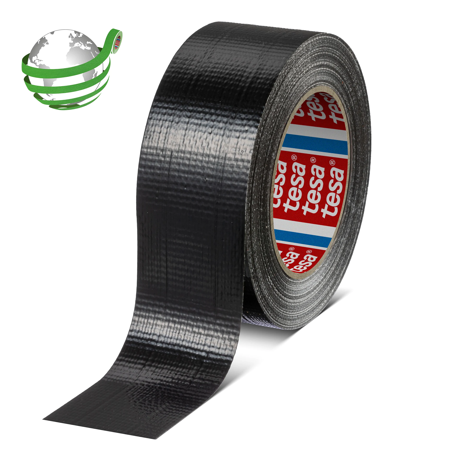 black tesa duct tape roll partially unrolled on white background with green and silver globe logo in corner (This text has been generated by AI)