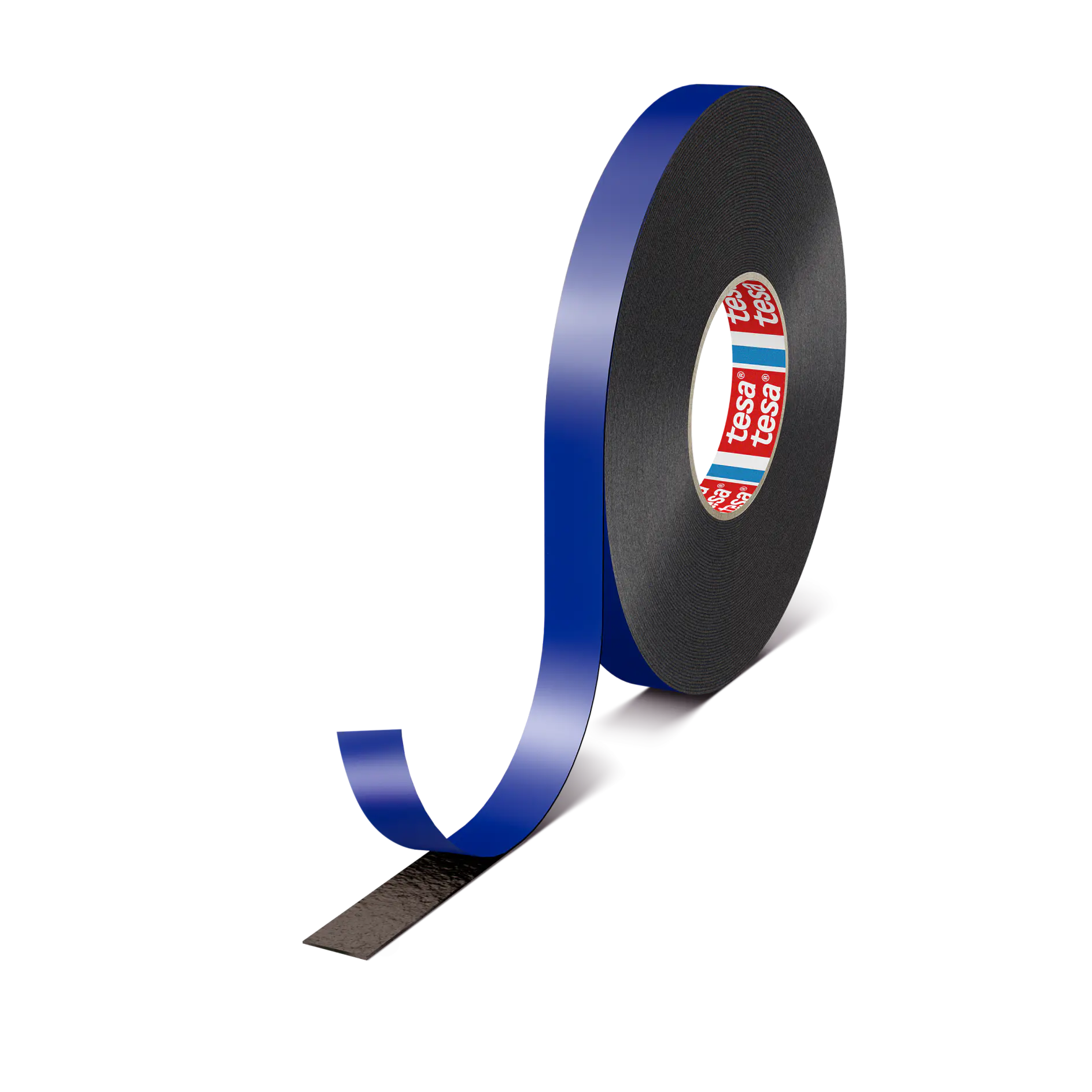 Roll of tesa brand black adhesive tape with a partially unrolled strip against a white background. (This text has been generated by AI)