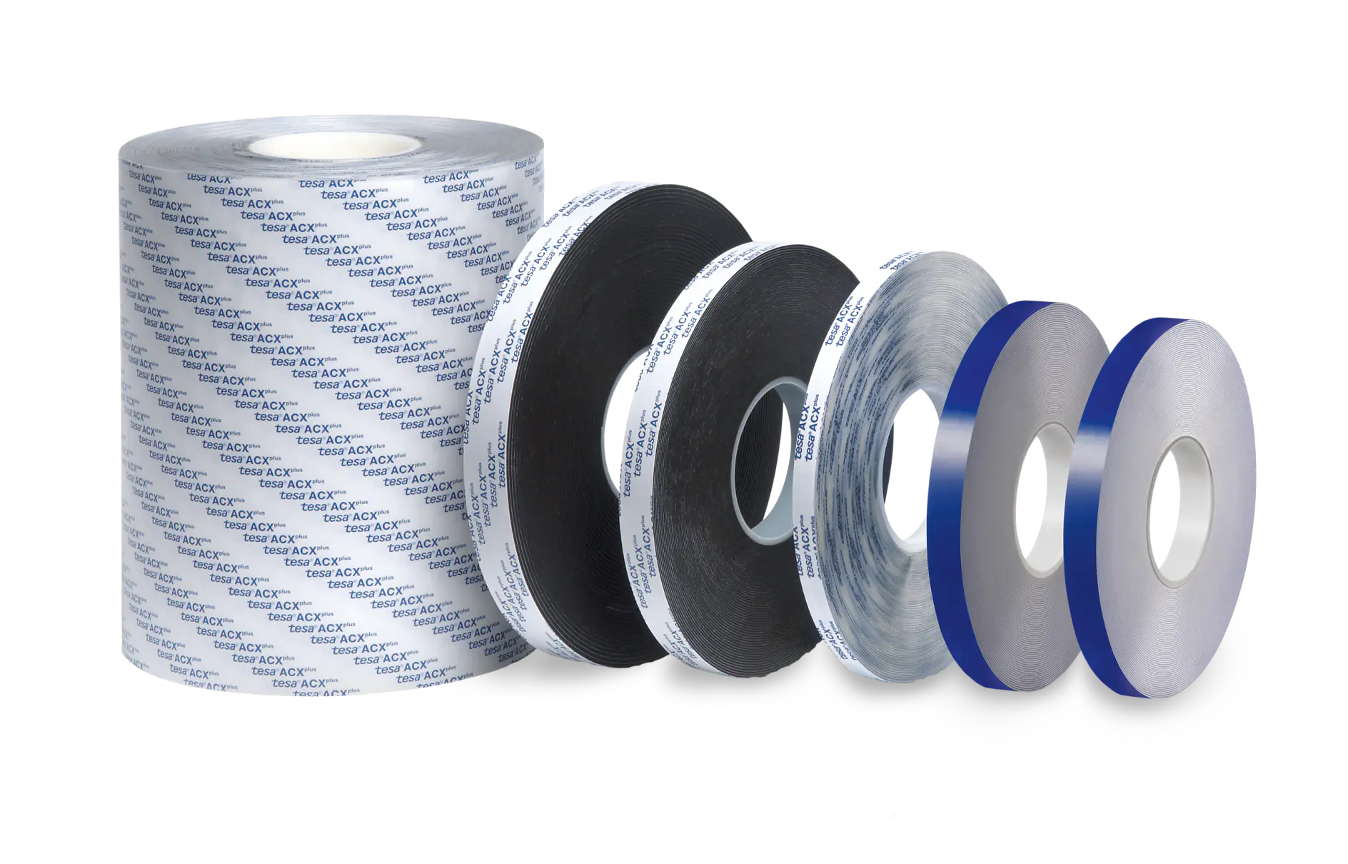 five rolls of tesa adhesive tapes in various sizes and colors arranged in a row on a white background (This text has been generated by AI)