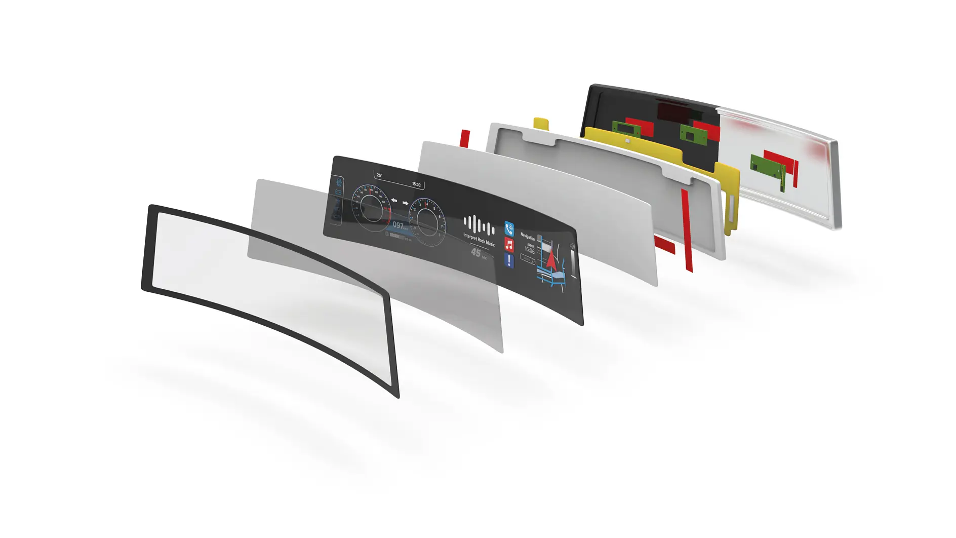 tesa curved digital displays arranged in a staggered layout on a white background, showing various user interfaces and data charts (This text has been generated by AI)