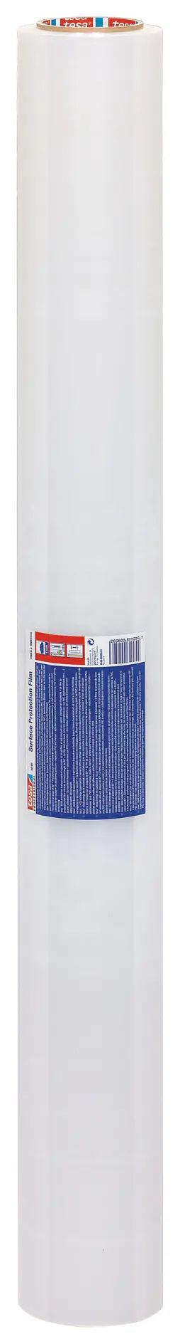 two rolled sheets of white tesa adhesive film standing upright on a white background (This text has been generated by AI)
