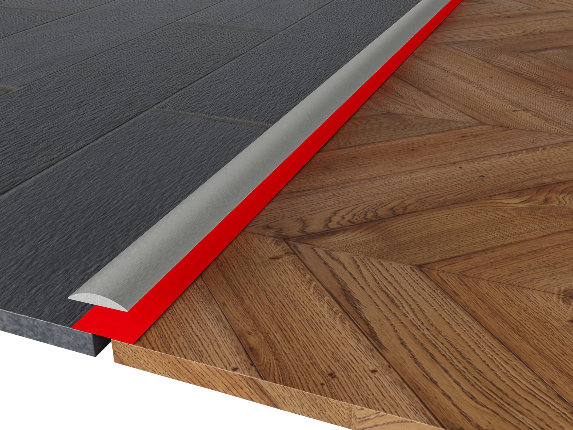 tesa floor transition strip connecting dark tile and wood parquet flooring in indoor setting (This text has been generated by AI)