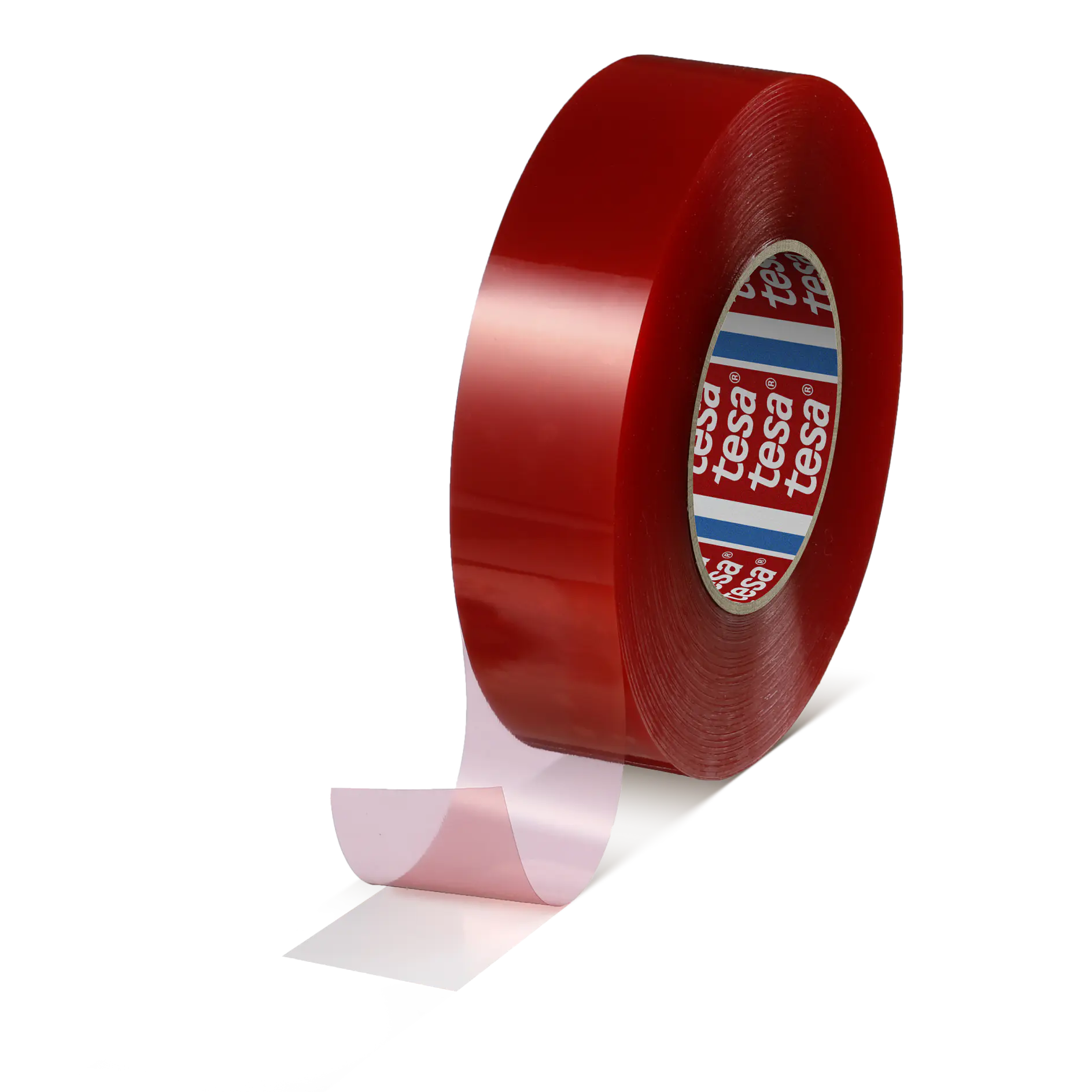 roll of red tesa adhesive tape with partially unrolled end on white background (This text has been generated by AI)