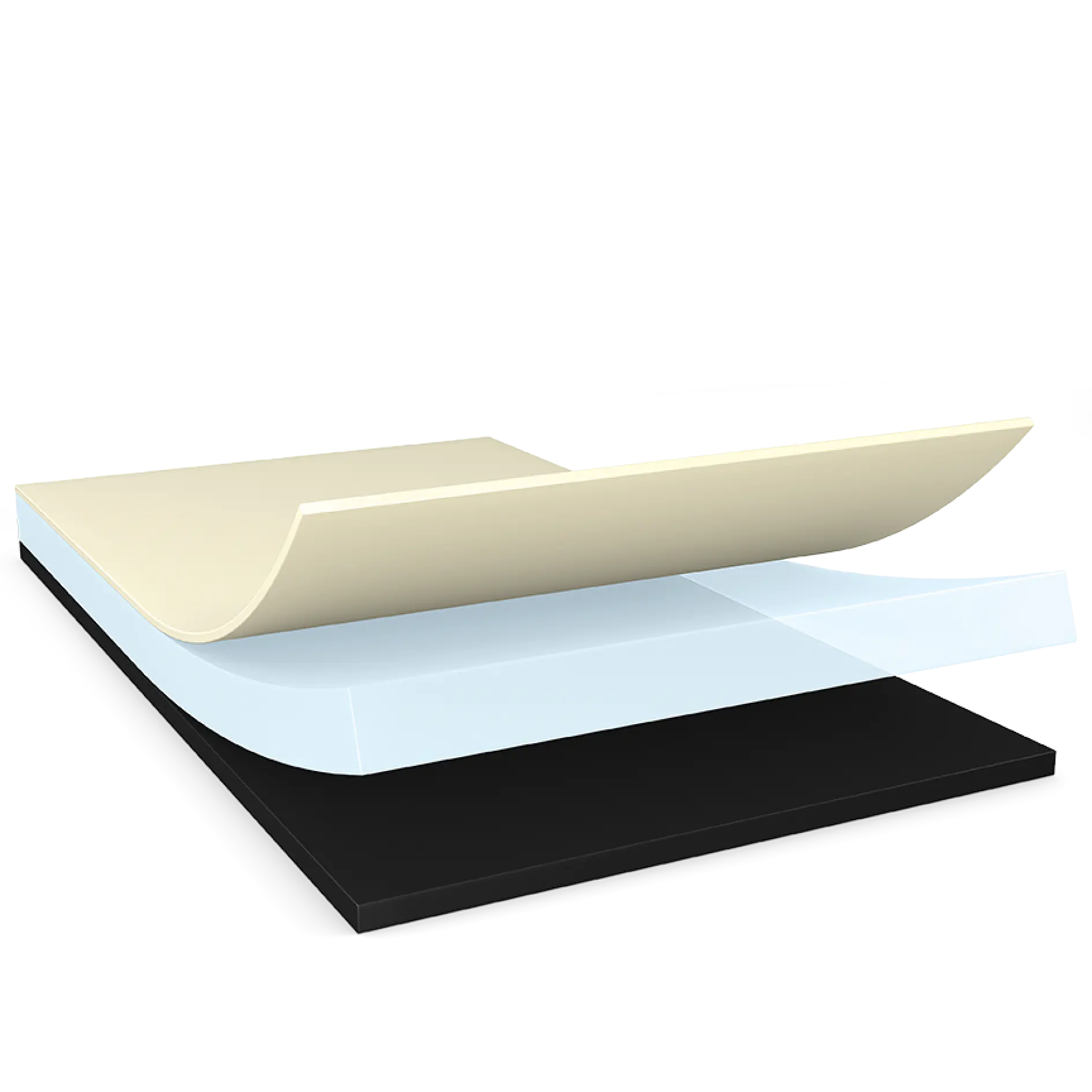 tesa adhesive tape layers separated showing beige top layer, transparent middle layer, and black bottom layer on white background (This text has been generated by AI)