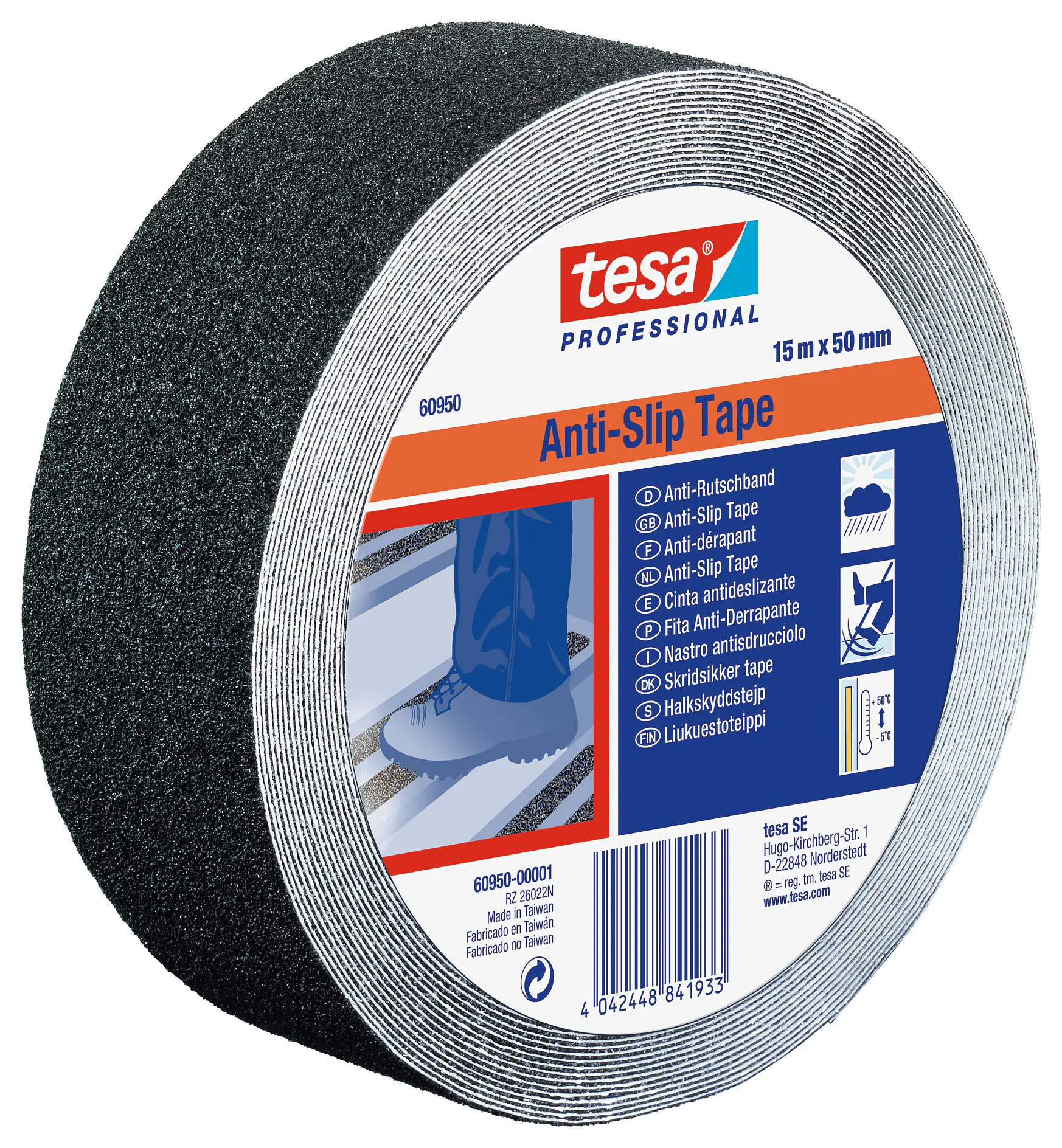 tesa professional anti-slip tape roll with black textured surface and product label showing usage instructions and specifications (This text has been generated by AI)