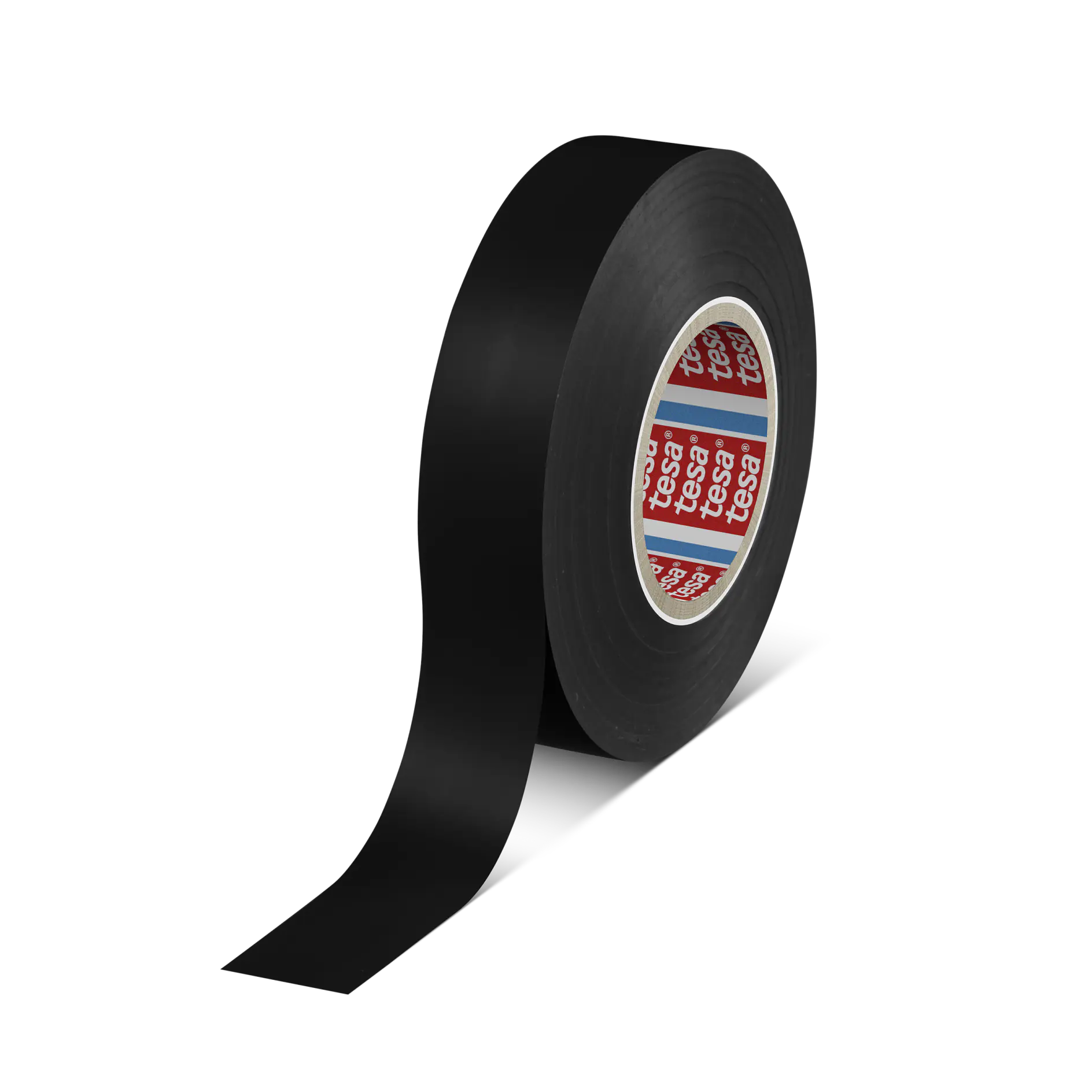 Black tesa adhesive tape roll with a partially unrolled strip on a white background. (This text has been generated by AI)