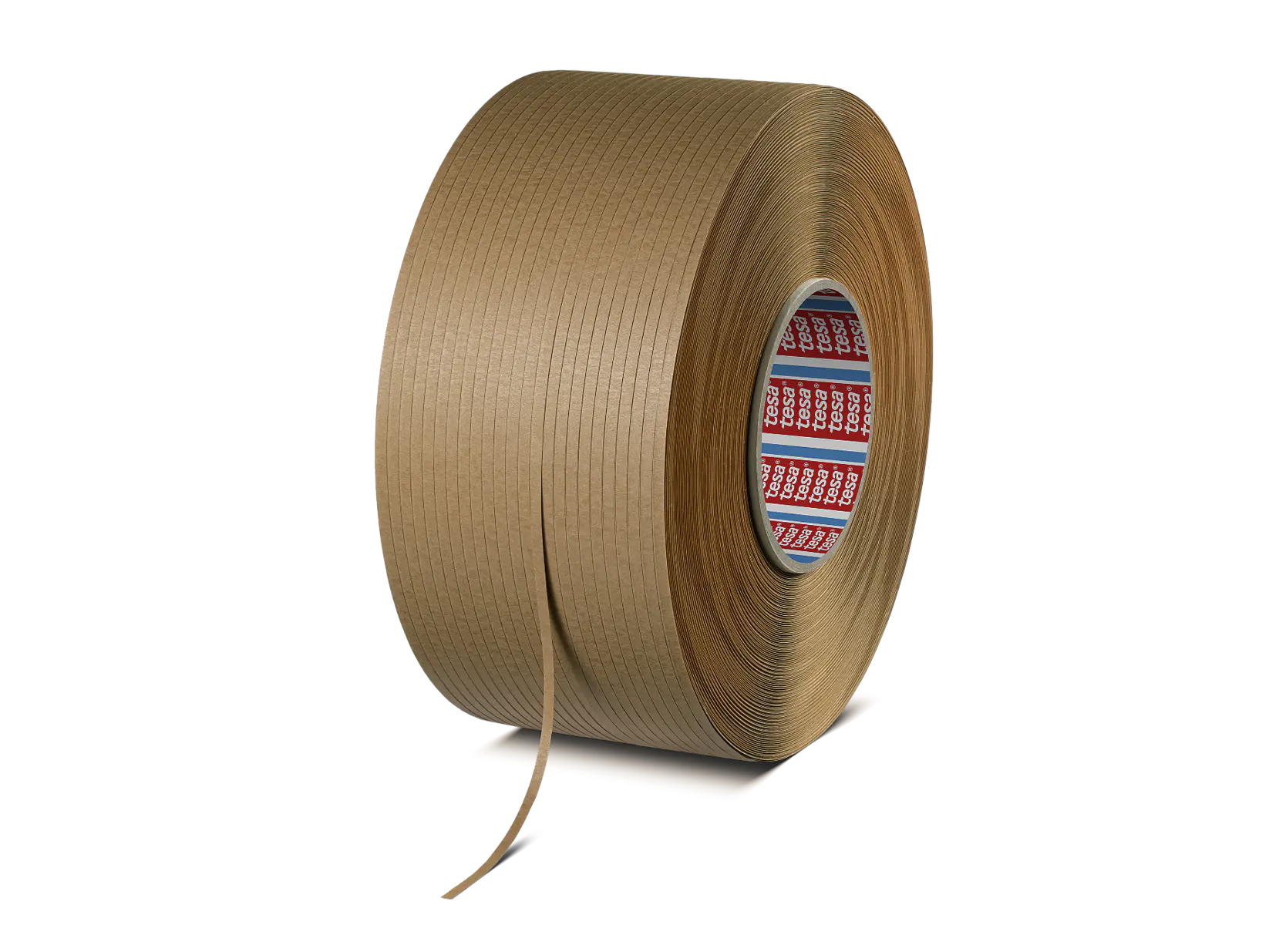 A large roll of brown adhesive tesa tape with a partially unwound strip, viewed from the side against a white background. The tesa tape has a textured surface and a red and white pattern is visible on the inner core. (This text has been generated by AI)