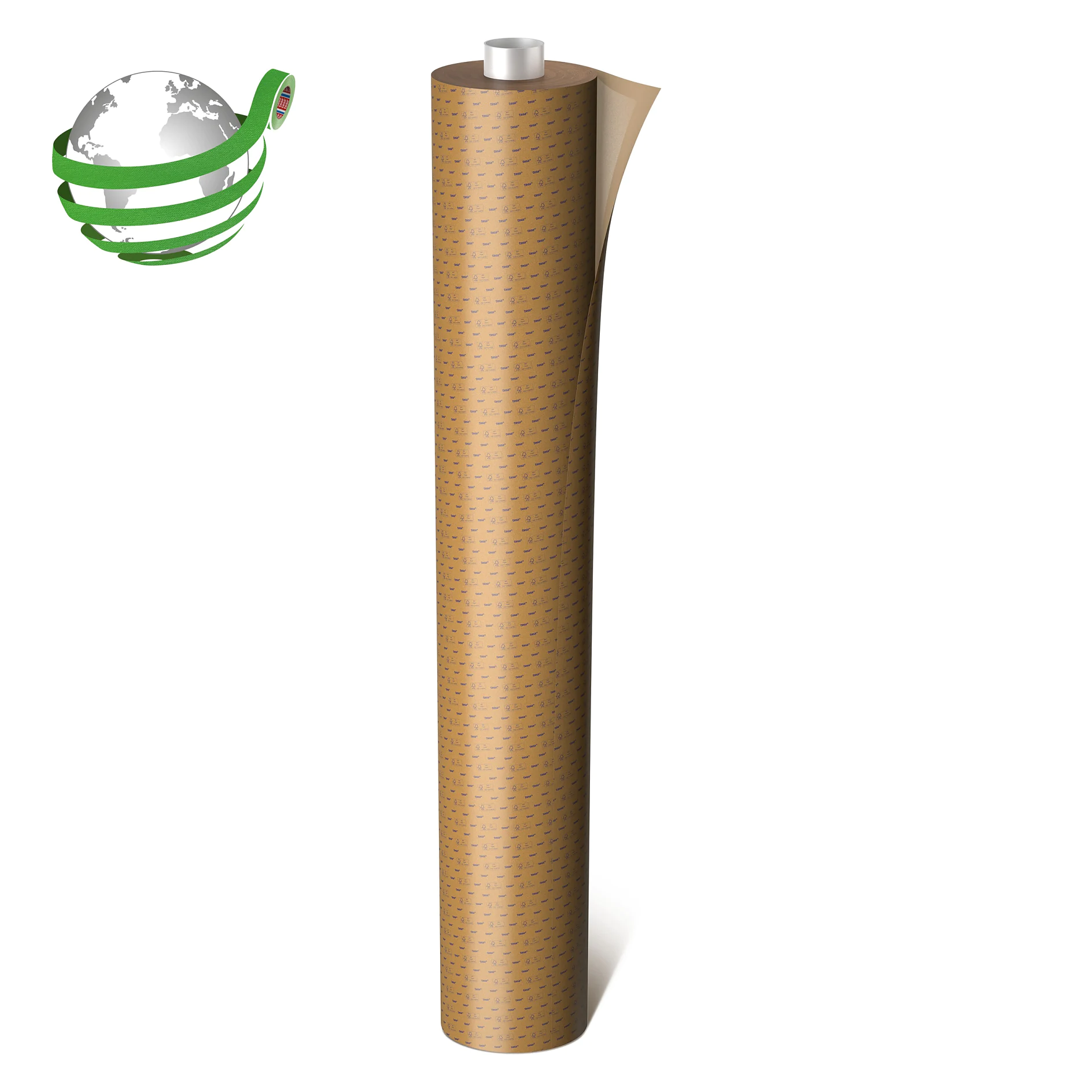 roll of brown tesa adhesive tape standing upright on a white background with a green globe logo in the corner (This text has been generated by AI)