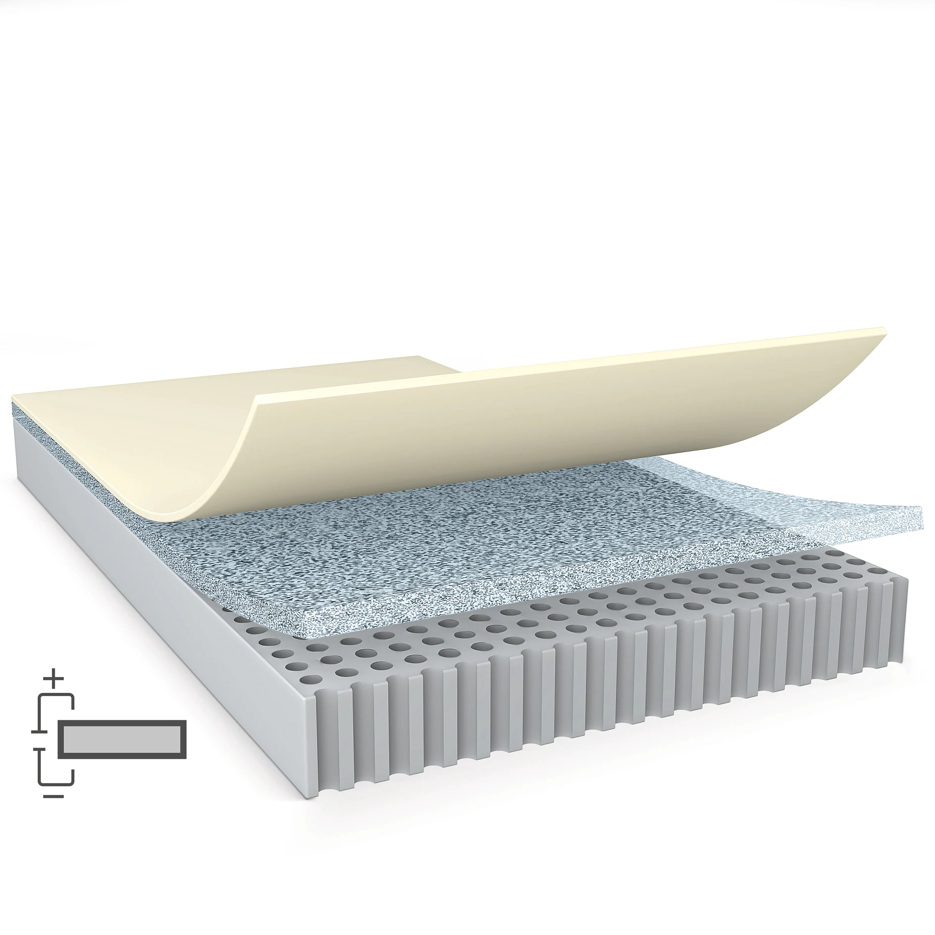 illustration of a layered material structure showing a top layer, a middle textured layer, and a base layer with a measurement indicator on the side (This text has been generated by AI)