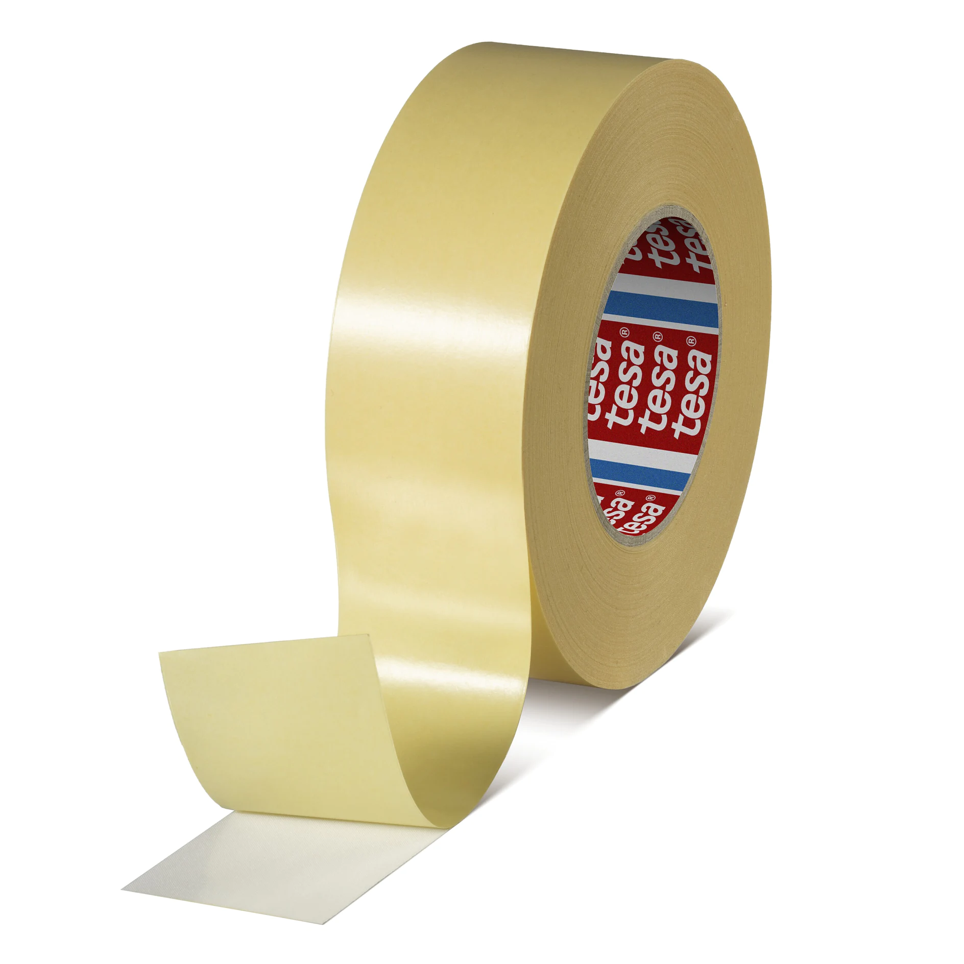 a roll of tesa masking tape with a smooth yellow surface and a visible logo on the inner core. (This text has been generated by AI)