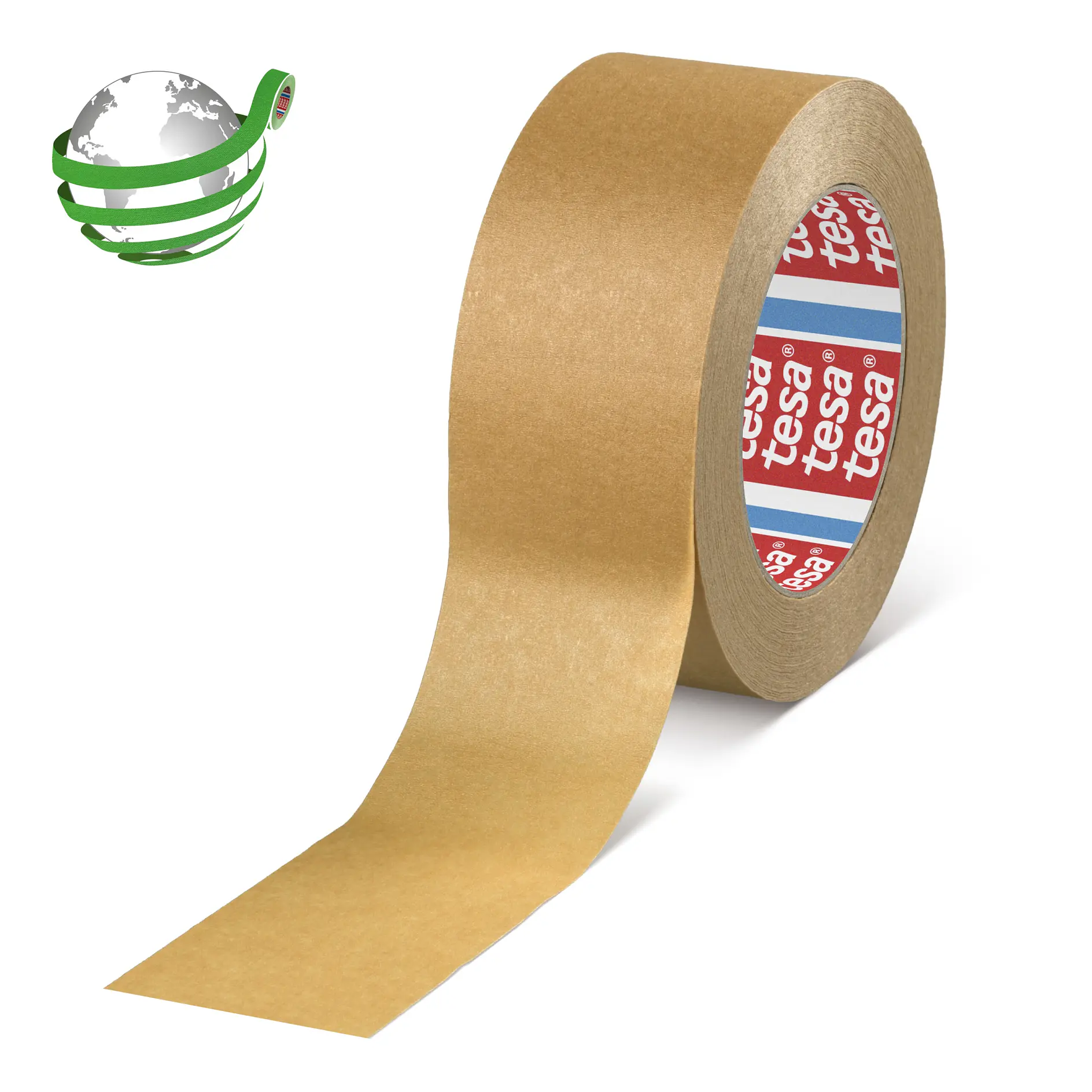 roll of brown tesa adhesive tape with partially unrolled strip on white background, eco-friendly packaging symbol nearby (This text has been generated by AI)