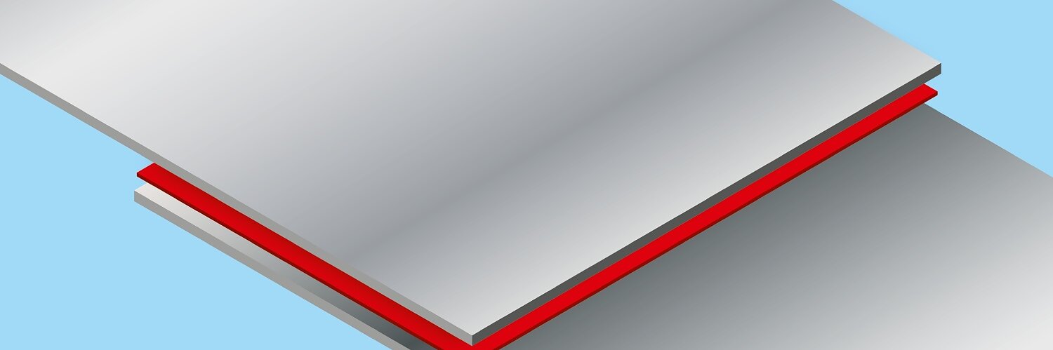 A digital illustration showing two overlapping metallic gray rectangular shapes with a red stripe between them, set against a blue background. (This text has been generated by AI)