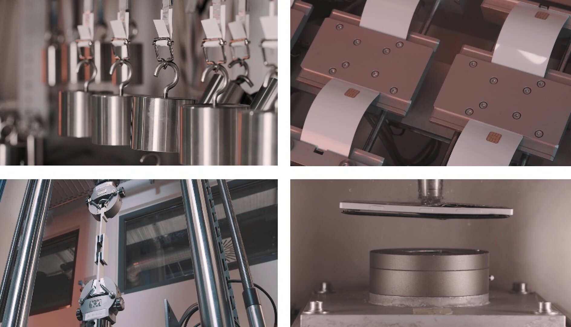 Four images display various mechanical testing equipment. Top left: metal clamps holding samples with tesa tape. Top right: components of a testing device secured with tesa tape. Bottom left: equipment with gauges and dials, enhanced by the use of tesa tape. Bottom right: metal disk under a compression press, fixed in place using tesa tape. (This text has been generated by AI)