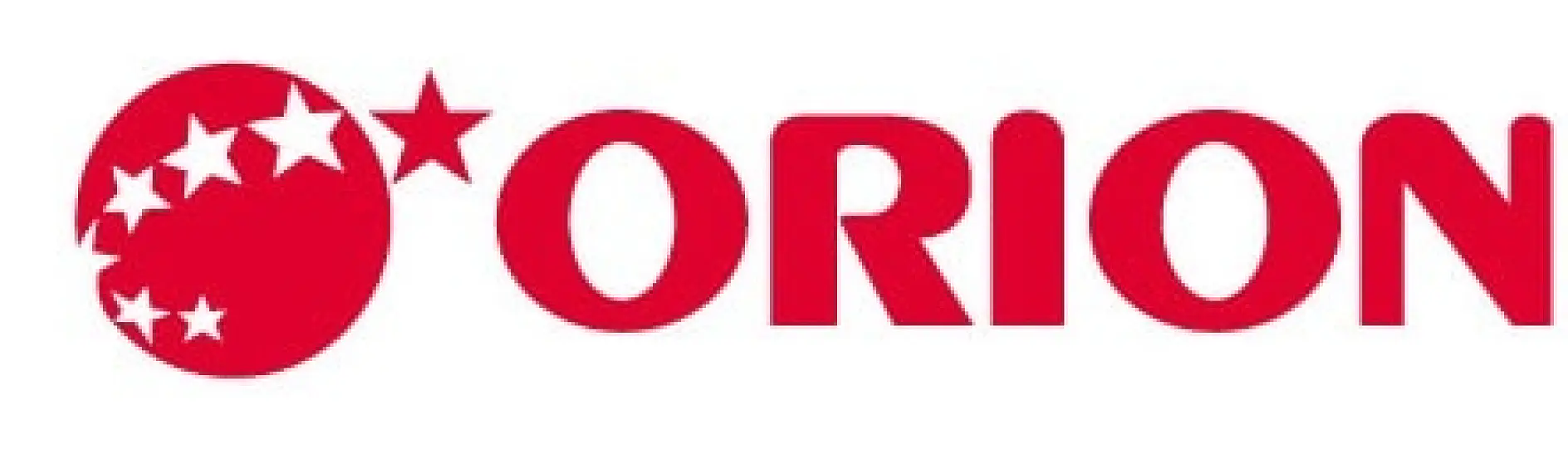 The image shows the Orion logo, featuring the brand name ORION in red capital letters. Next to the name is a red circle with four white stars inside, accompanied by an additional large red star on the upper right side of the circle, all attached using tesa tape. (This text has been generated by AI)