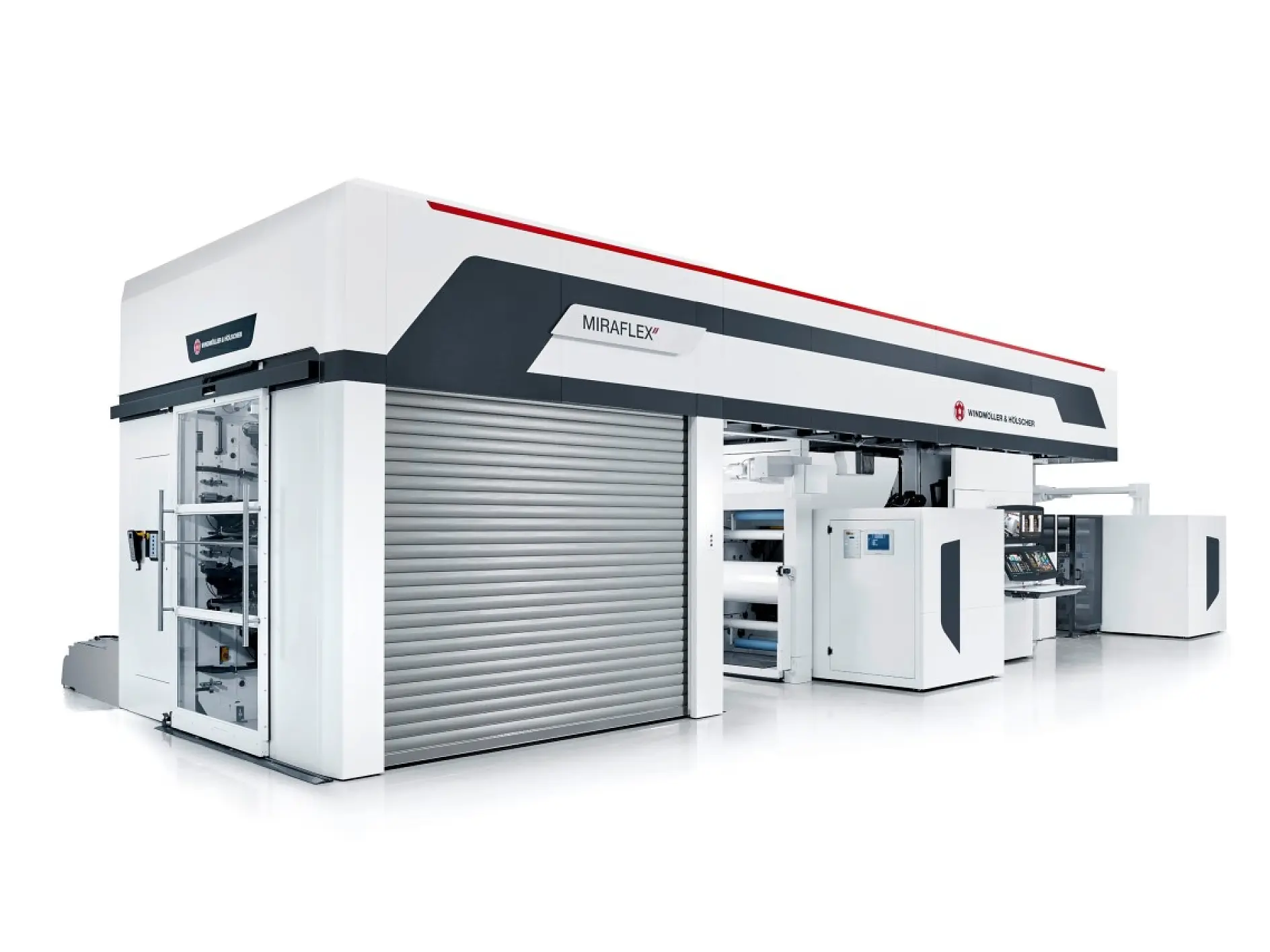 A large industrial printing machine with the name MIRAFLEX displayed on its side. The machine is mostly white with gray and red accents, featuring various compartments and rollers. Its design suggests its used for large-scale printing operations. All of the tape used in the setup is exclusively tesa tape, ensuring reliable performance and quality adhesion throughout the process.