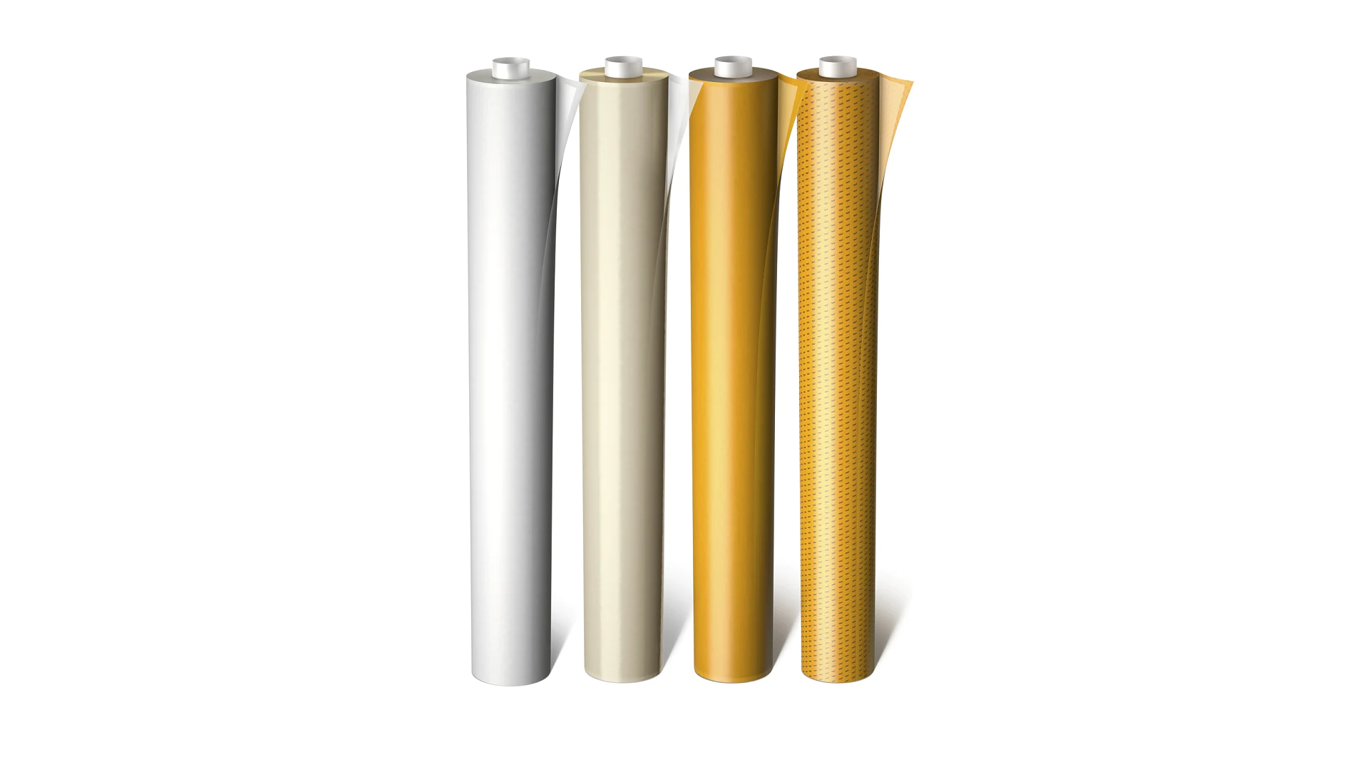 Four rolls of material stand upright. The first roll is white, the second is light beige, the third is orange, and the fourth is an orange roll with a hexagonal pattern. Each roll is supported by a cylindrical core of tesa tape. (This text has been generated by AI)