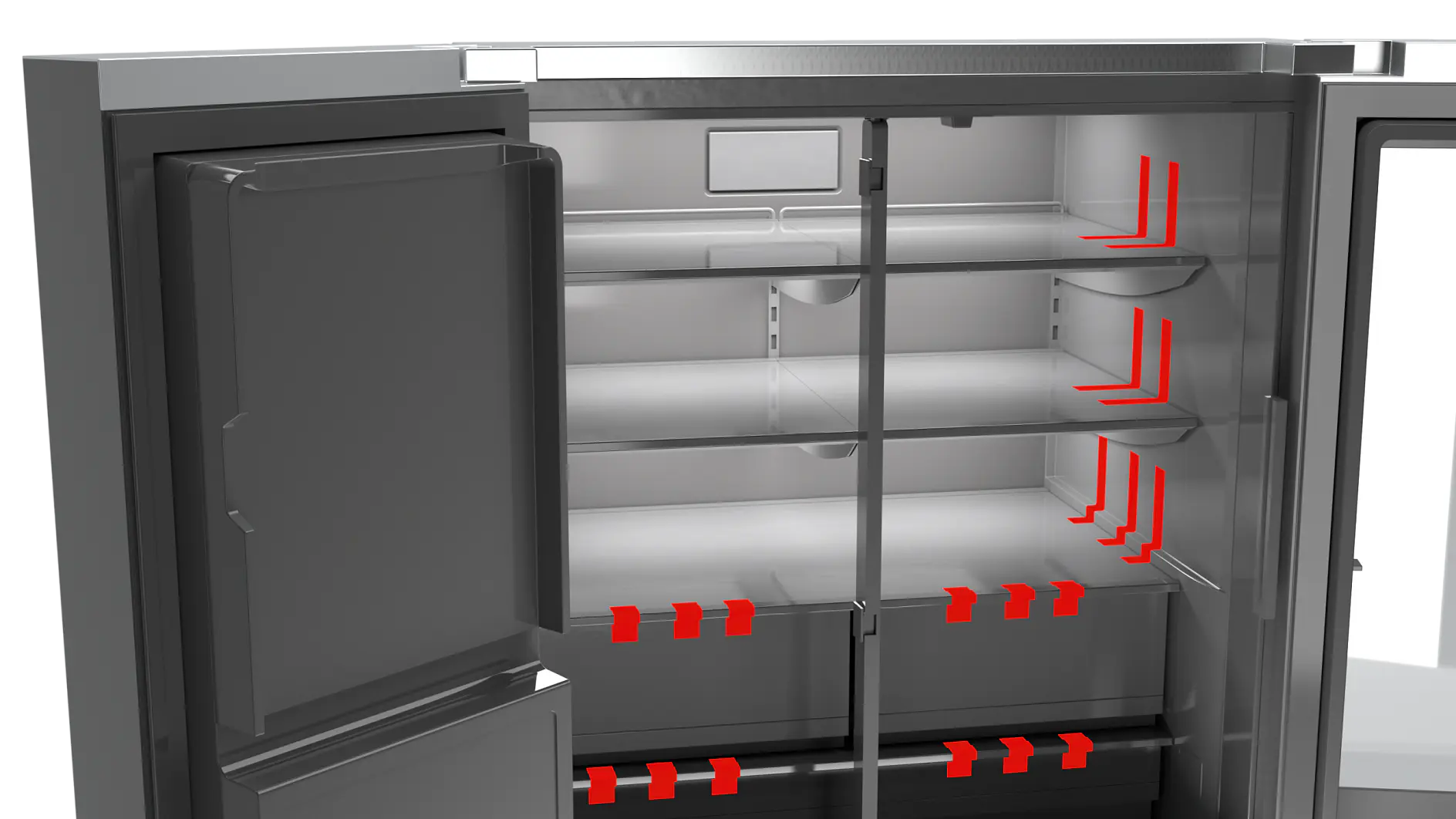 Open modern refrigerator showing empty interior with multiple clear shelves and red shelf brackets. The design features two doors with a sleek, metallic finish and minimalist structure, held together securely using tesa tape. (This text has been generated by AI)