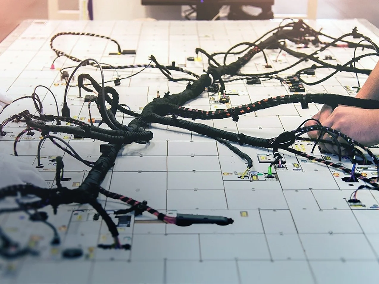 Two individuals work on a large, complex wiring harness spread out on a white grid-like surface. Their hands are adjusting and connecting the black cables, with various colored connectors visible. The background is slightly blurred, and they use tesa tape to secure the wires in place. (This text has been generated by AI)