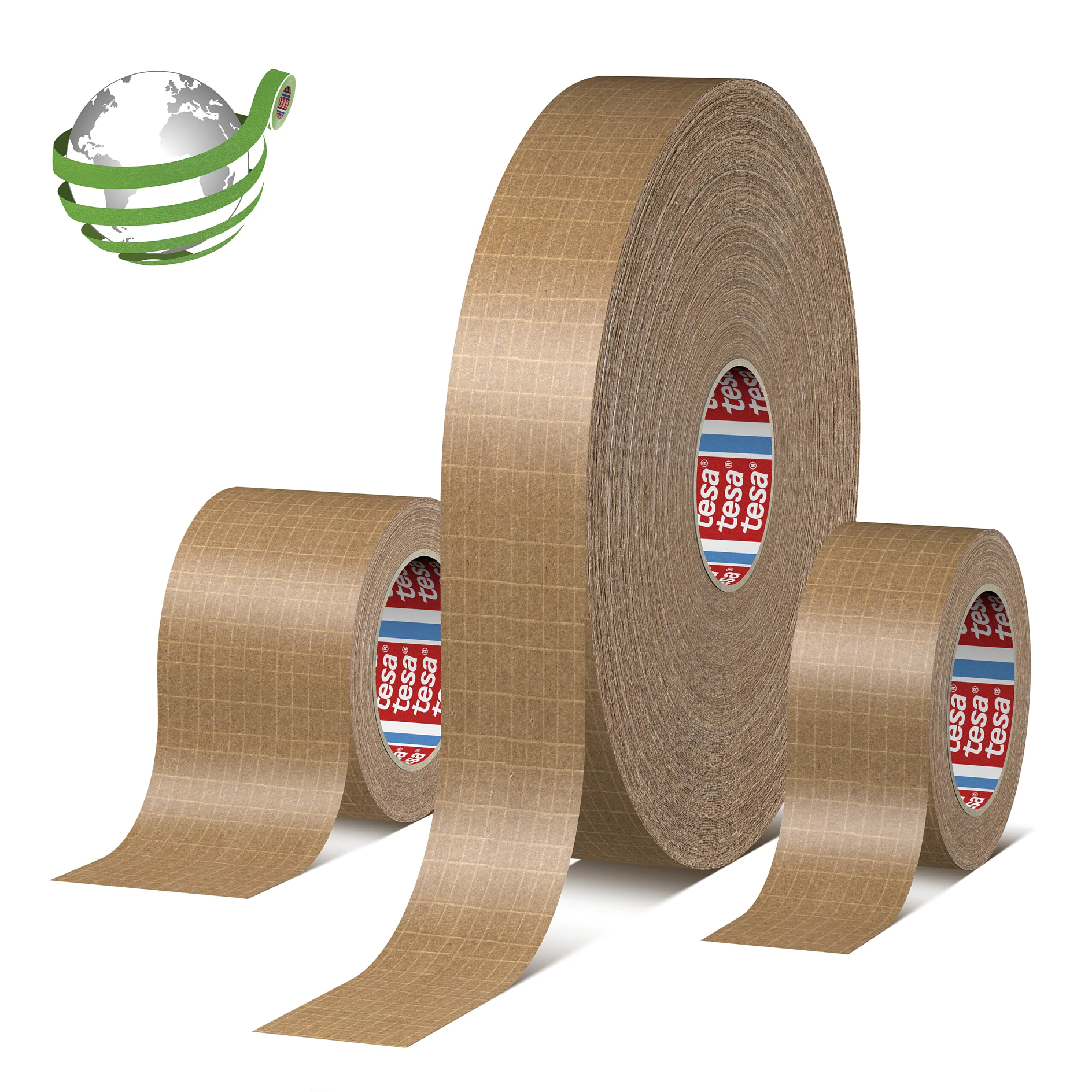 three rolls of brown tesa adhesive tape with red and white branded cores on a white background (This text has been generated by AI)