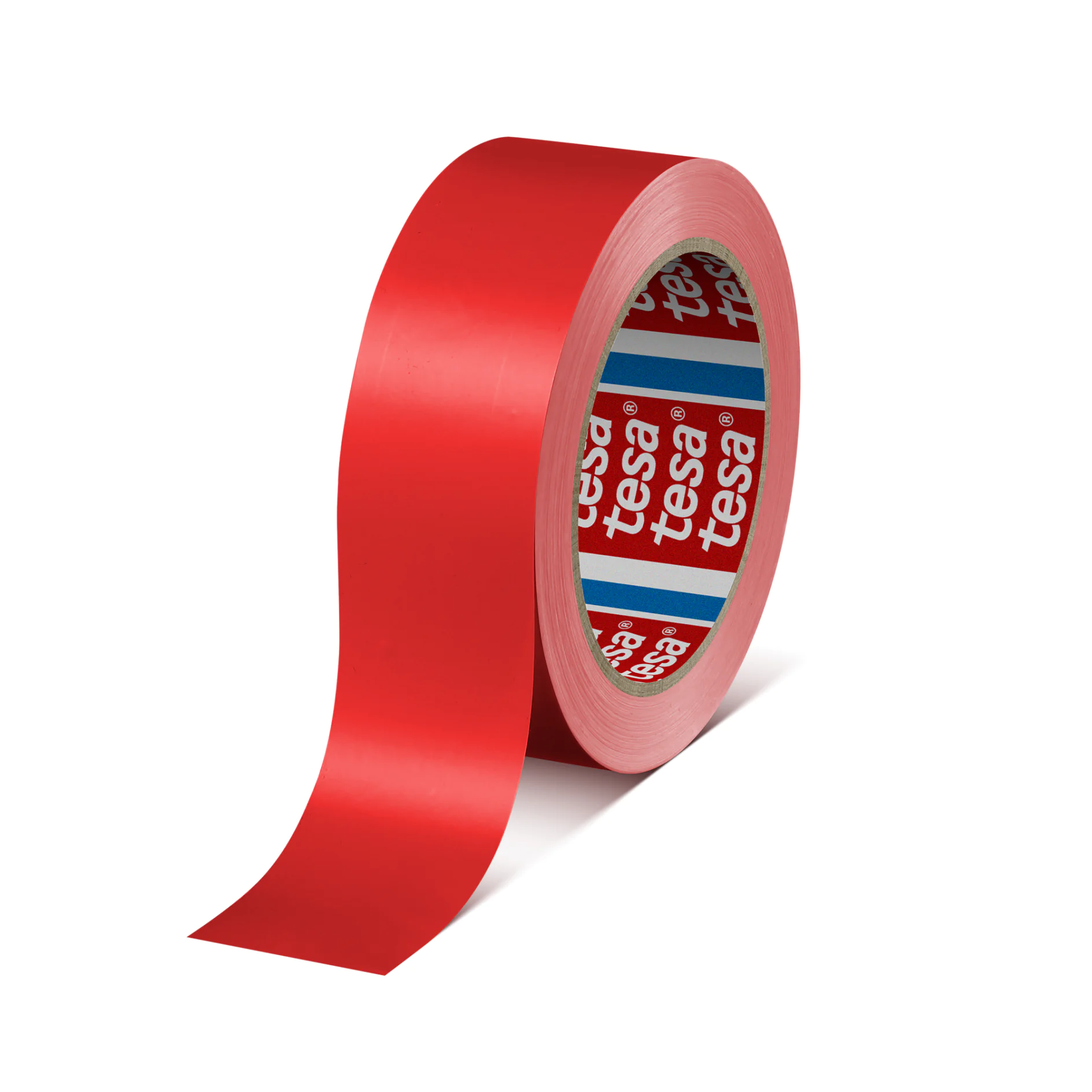 red tesa adhesive tape roll with partially unrolled strip on black background, studio setting (This text has been generated by AI)