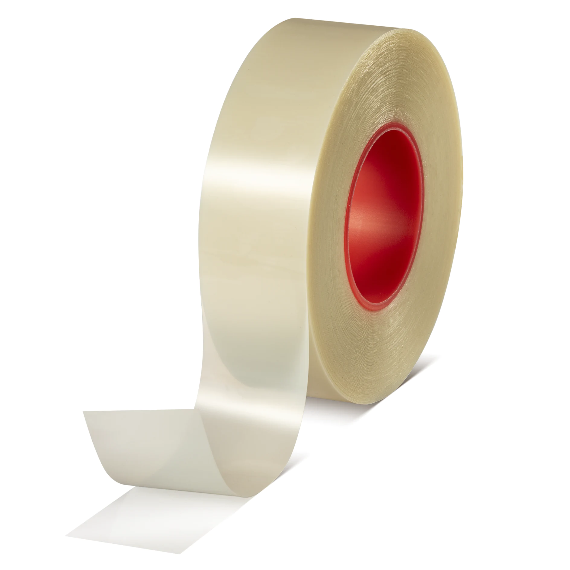 clear adhesive tape roll with red core on white background, isolated product shot for packaging or office use (This text has been generated by AI)