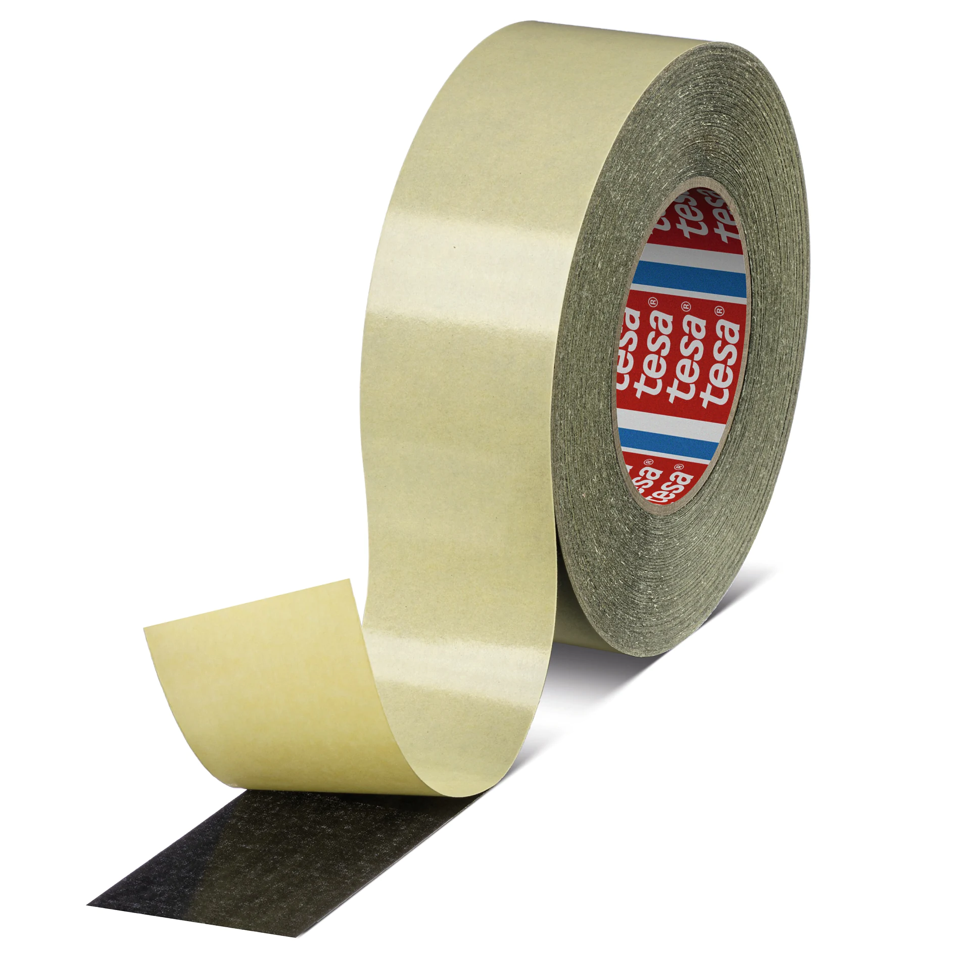 Roll of tesa brand transparent adhesive tape with a partially unrolled strip on a white background (This text has been generated by AI)