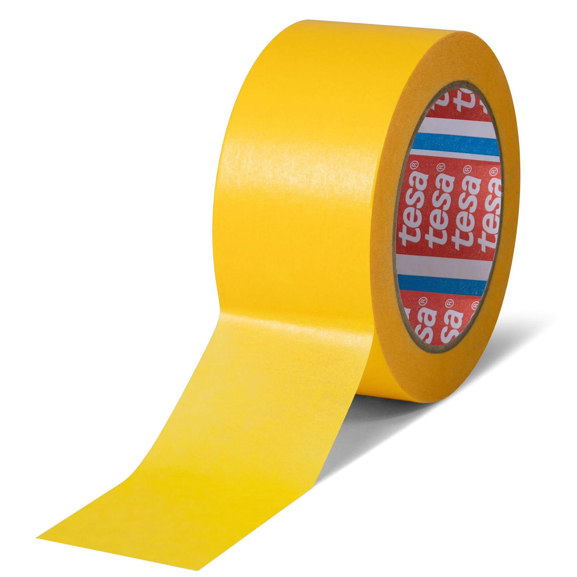 yellow tesa adhesive tape roll with partially unrolled strip on white background, studio setting (This text has been generated by AI)