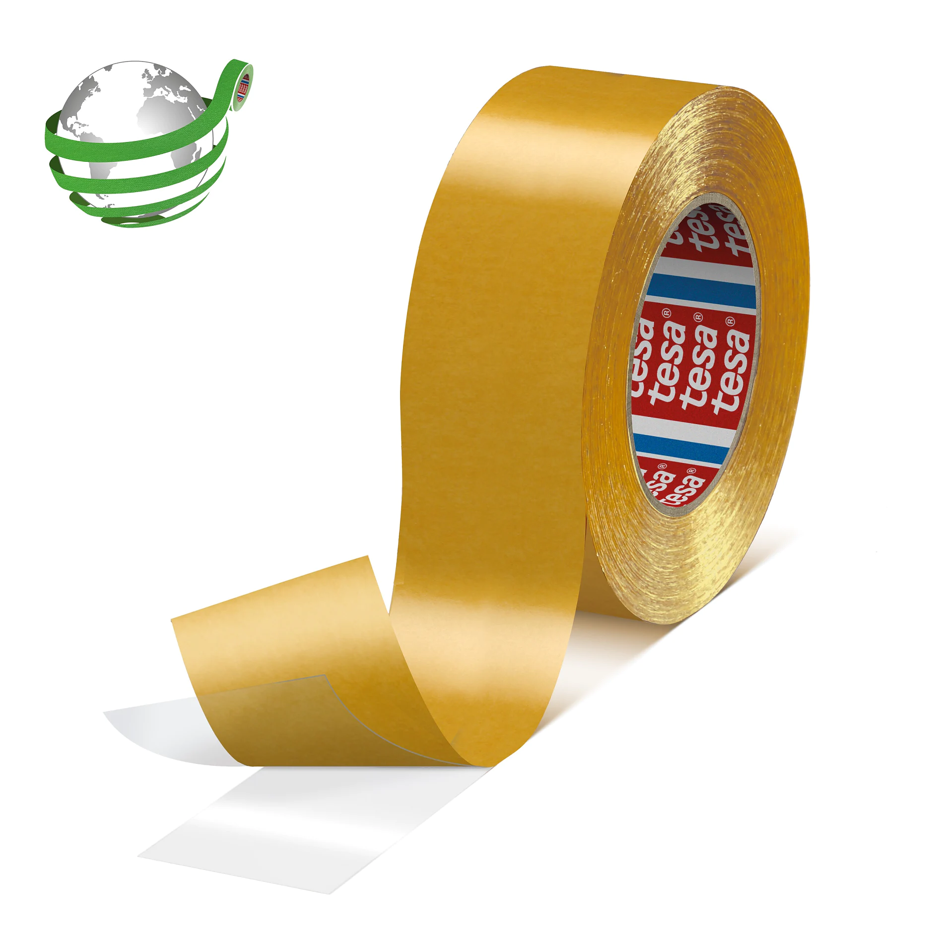 Roll of tesa branded yellow adhesive tape with a partially unrolled strip on a white background, accompanied by a green globe icon. (This text has been generated by AI)