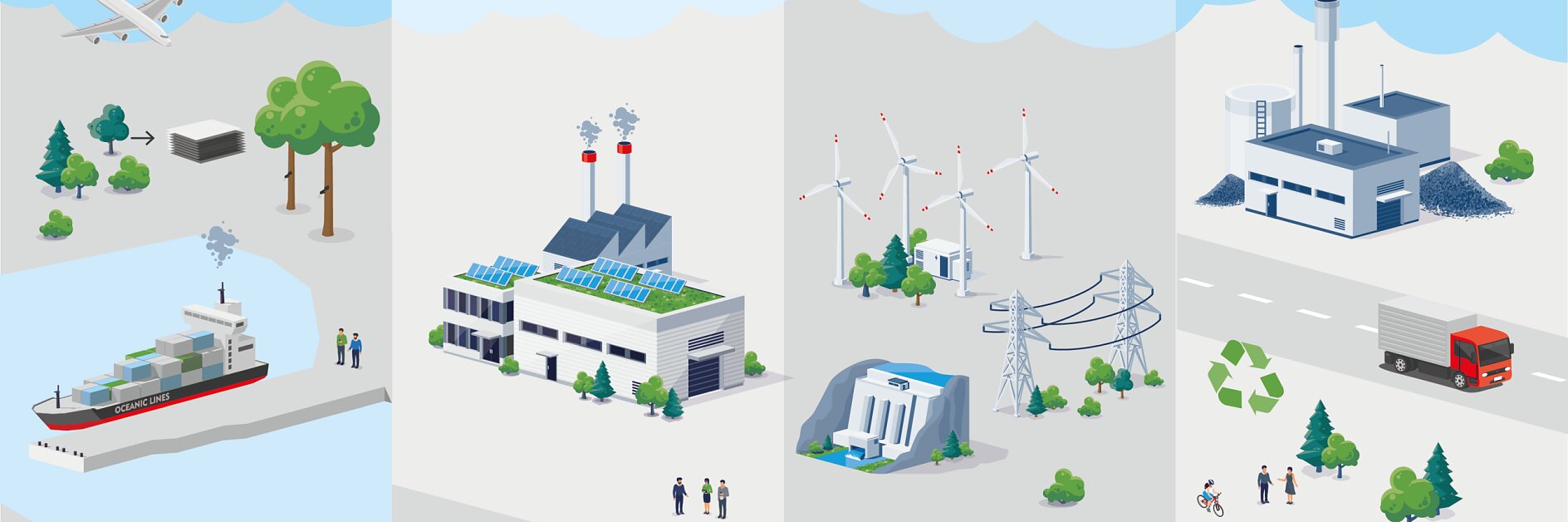 Illustration divided into four vertical sections: ship by water and airplanes above; solar-powered buildings and workers; wind turbines and power lines; and a factory with a recycling symbol, trucks, cyclists, and solar panels in a landscape. In all these scenes, tesa tape seamlessly integrates various elements, enhancing the efficiency of construction processes and ensuring sustainable practices are maintained throughout. (This text has been generated by AI)
