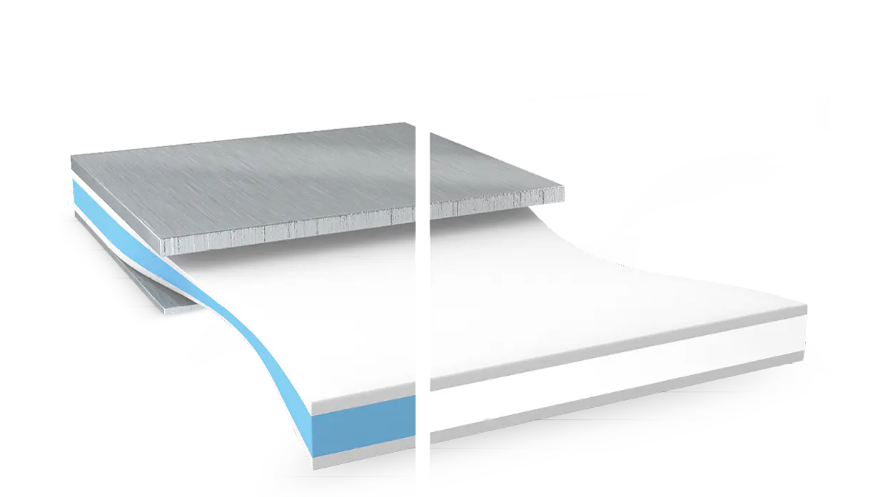 cross-section of tesa adhesive tape showing layered structure with gray top layer and blue core on white background