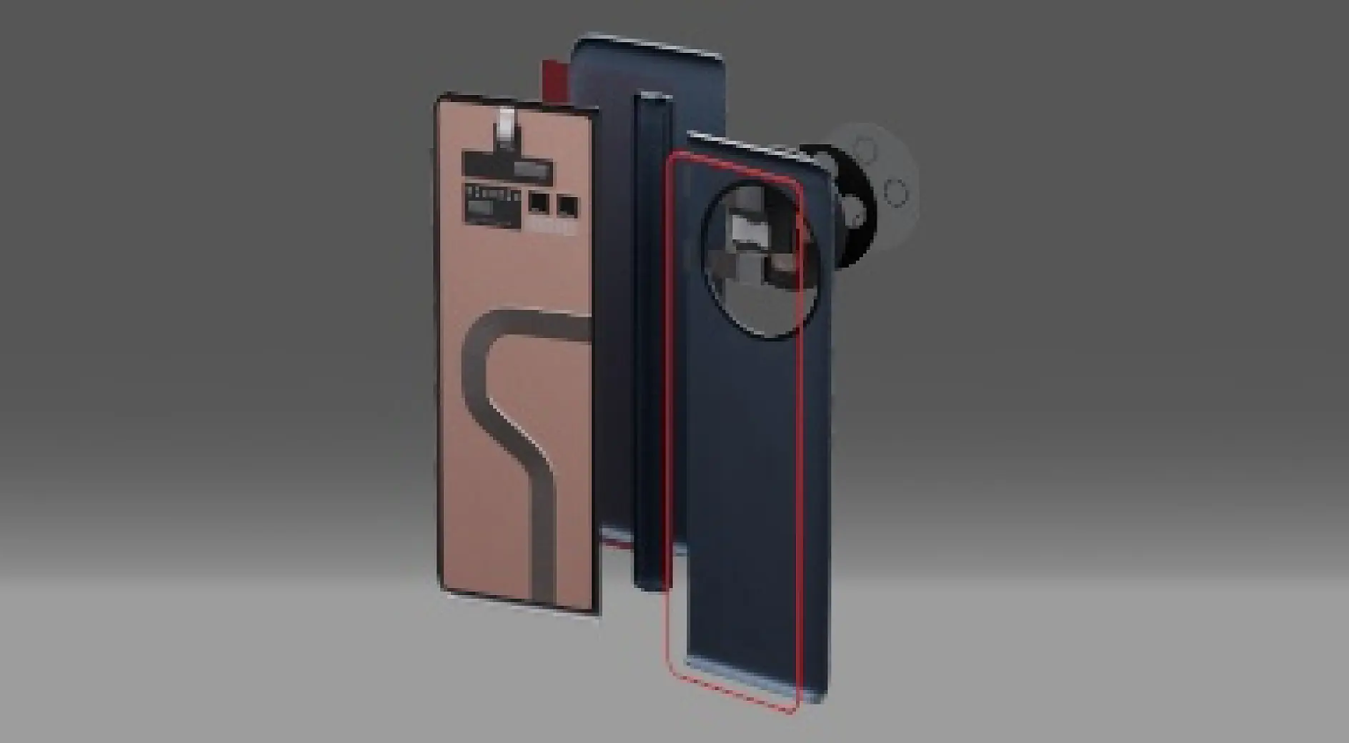 Three smartphones are displayed in a disassembled state, showcasing internal components and exterior designs. Each phone has visible circuitry and camera modules, with one including a coil component. tesa tape can be seen securing some of the components. The background is a neutral gray gradient. (This text has been generated by AI)